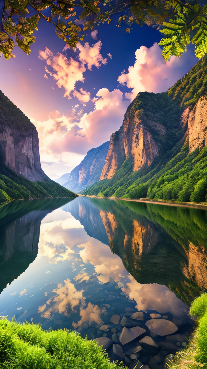 Masterpiece, ultimate quality, Cg unity 8k wallpaper, super delicate, beautiful sky and clouds, rich natural scenery, cliffs, lakes and rivers, waterfalls and flying water, beautiful green mountains, no trace of people, excellent scenery, has already won a photo contest, background Blurring, full depth of field, HDR high dynamics, true restoration, intricate, extreme details, dramatic presentation, perfectly presenting the style of midjourney art.