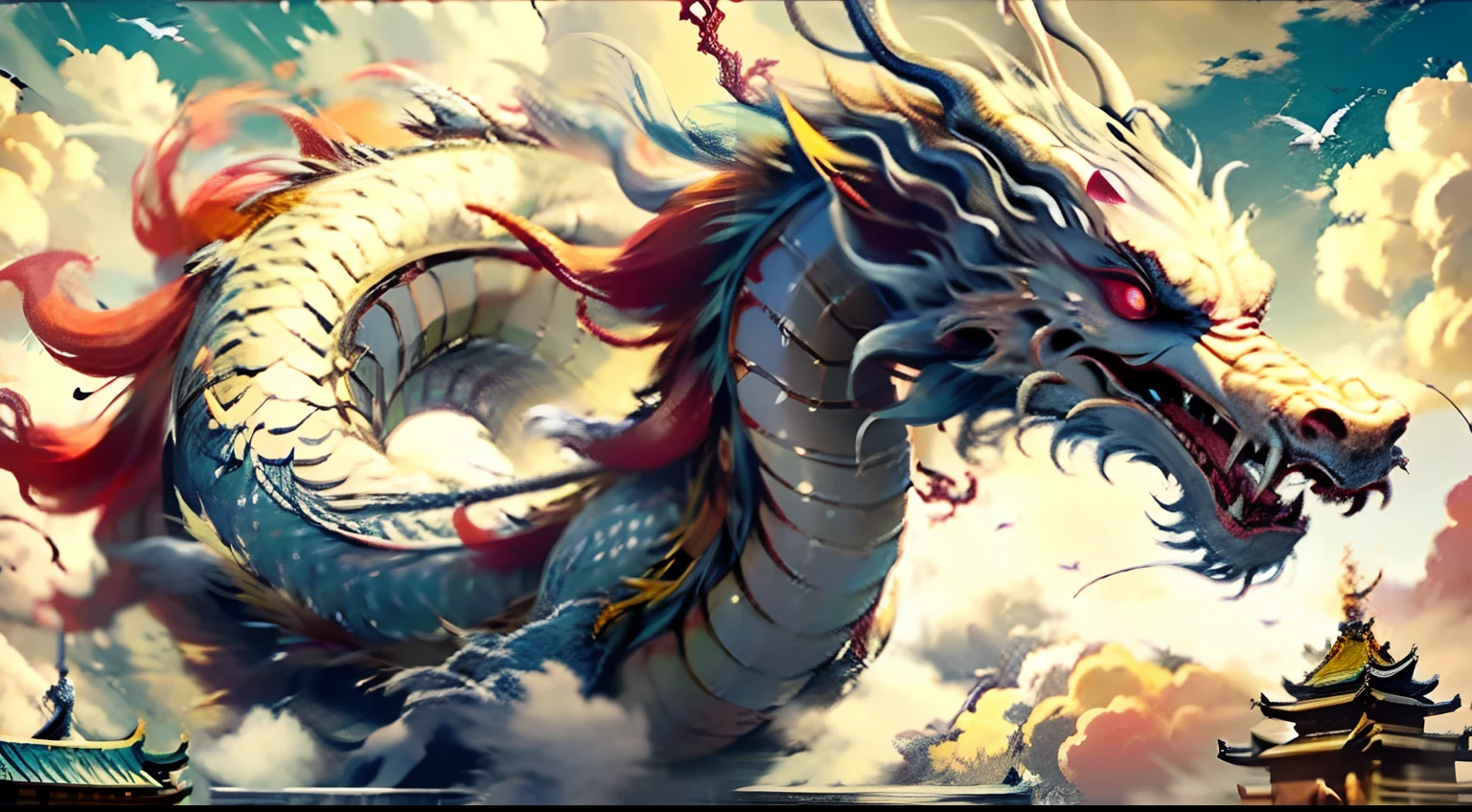 Best quality at best，tmasterpiece，超高分辨率，without humans，（The long：1.2），without humans，​​clouds，east asian architecture，red eyes，banya，with her mouth open，Silver scales，Skysky，Fang，a Oriental Dragons，mostly cloudy sky，teeth，flight，Eau，The bird，Wings