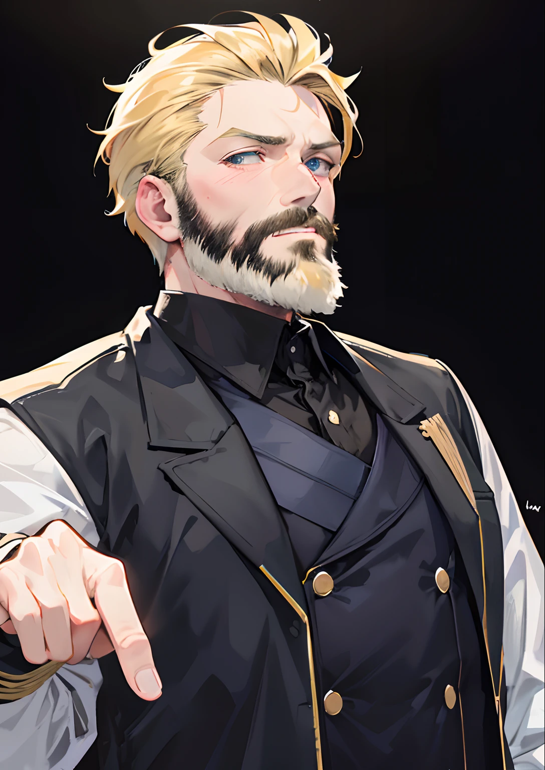 Old Bearded Male, short blonde hair, wearing a black detective coat without any hats