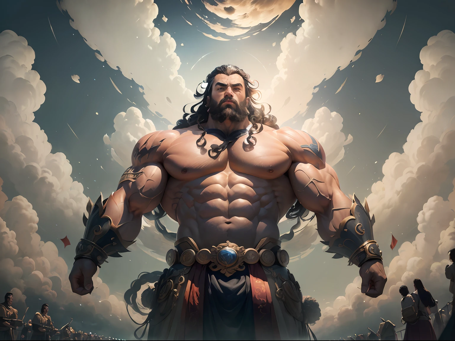 ((Masterpiece)), (Best Quality)), 8K, high detail, hyper-detail.(super wide-angle lens:1.5), (full shot), Confucius, strong body, muscular body, majestic, and divine. (thousand of students applaud and stand very close), cinematic view, from below, from above, fantasy style, extra wide sky and lands, looking viewer,