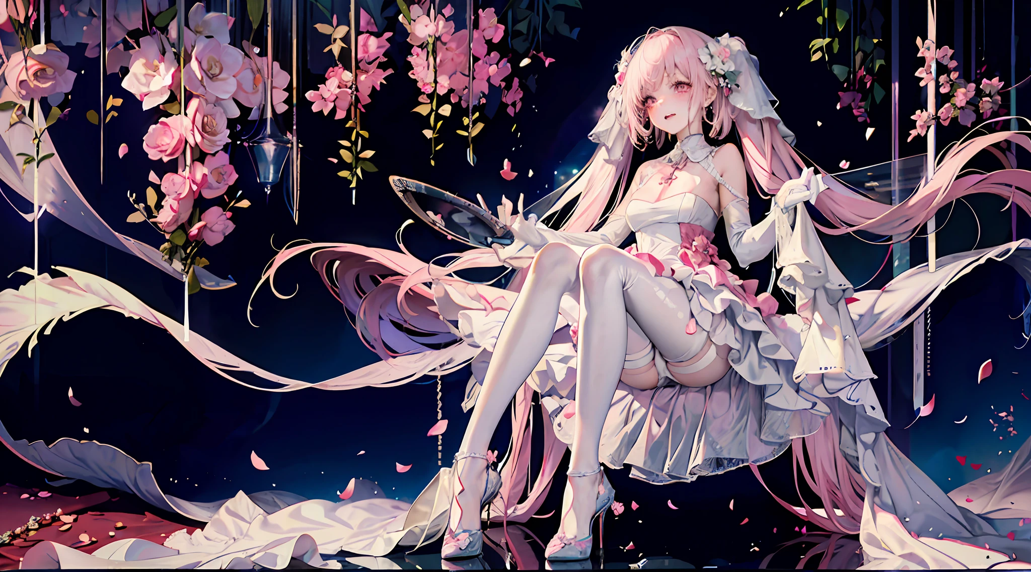 the bride,Full body in camera,full bodyesbian,(tmasterpiece),(best qualtiy),(A pink-haired,long whitr hair:2,White flower decoration,White hairpin),(lacepantyhose,White panty hose,stocklings,Full body pantyhose),(white wedding gown,Wedding dress),(panties are visible:1.5,Pink panties),pink necktie,cherry blossoms print,Holding a bouquet of flowers in both hands,white long gloves,Cross pendant necklace,(cuteexpression,ssmile,Playful),heart - shaped pupils,The eyes show love,Loving eyes,(Be red in the face,putting makeup on, Blushlush),(White high heels,Pink cherry blossom decoration),Dimly lit church,Faint candlelight,Dim candlelight,SakuraNS, the night,have to pee,Pee,pissing,Pee yourself,Top lighting,16k,High- sharpness,high qulity,wide wide shot,Bright colors