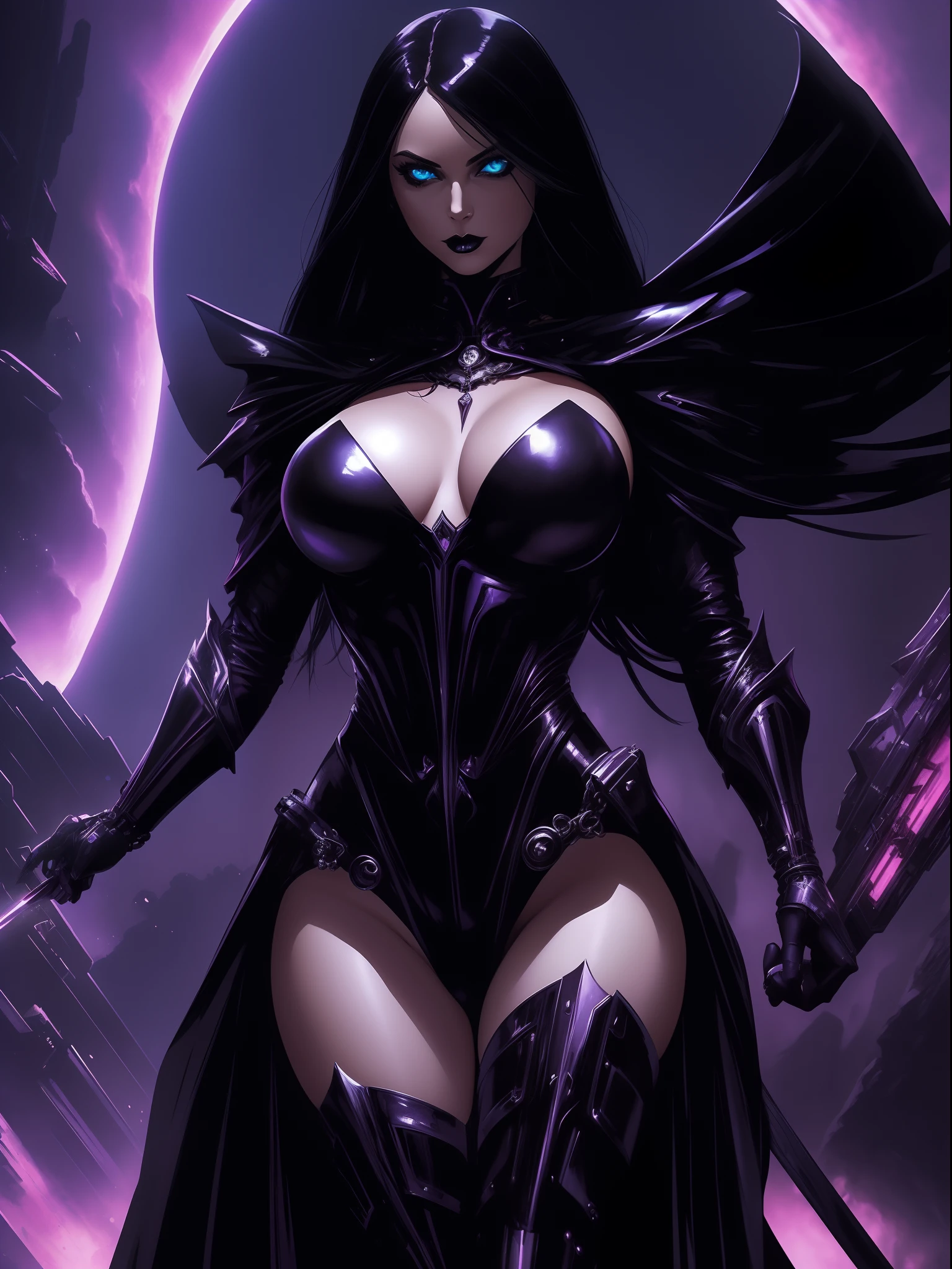 ((big eyes)), Masterpiece, best quality, "Gothic Futuristic Seductress", Artstation, by Frank Frazetta, by Simon Bisley, by Luis Royo, by H.R. Giger, by Ashley Wood, by Bill Sienkiewicz, by Ryan Meinerding, by Ian McQue, by Syd Mead, by Frank Frazetta. The image should feature a mysterious, seductive woman in revealing clothing, posed in an otherworldly, gothic and futuristic setting. She should be depicted with high-tech cybernetic enhancements, and with a dark, brooding presence. The atmosphere should be charged with electric energy and filled with dark, ominous shadows.