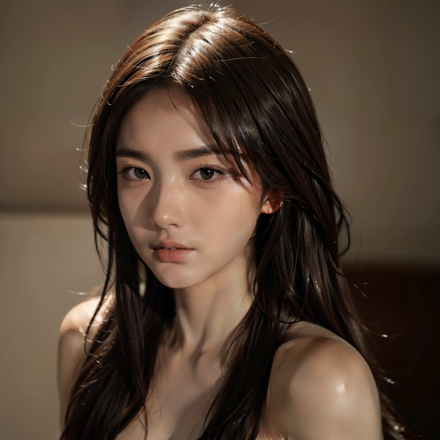 hightquality、masterpiece、ighly detailed、hight resolution、4K、超A high resolution、detailed shadow、A hyper-realistic、realisitic、dramatic lighting、1girl、独奏、A detailed face、realisticeyes、real looking skin、brown haired、dynamicposes、dynamic ungle、swim wears、Long hair cut、white backgrounid