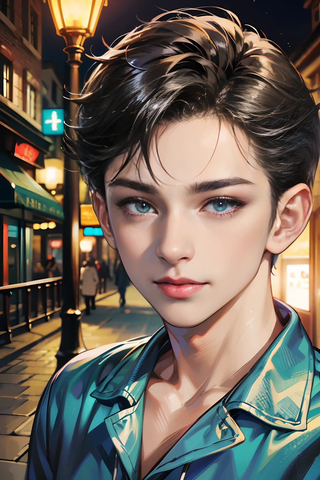 (absurdres, highres, ultra detailed, HDR), masterpiece, best quality, 1boy,, handsome, short hair, finely eye and detailed face, satin pajamas, material is shiny, dimple, forehead, night street, night city, midnight, selfie shot, light smile, upper body