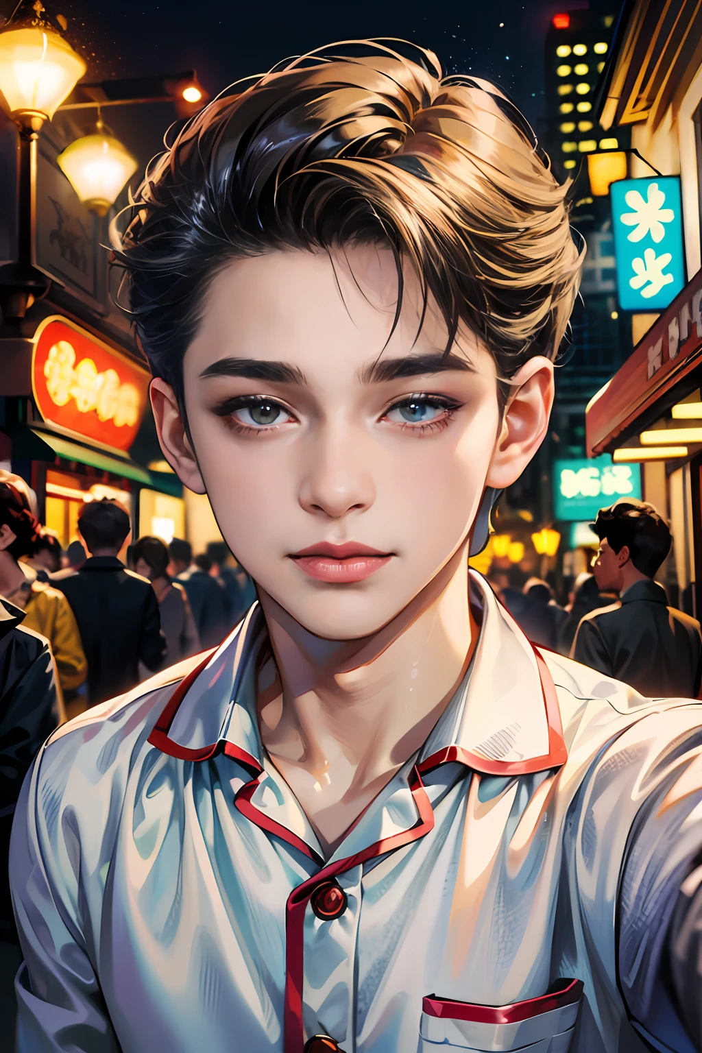 (absurdres, highres, ultra detailed, HDR), masterpiece, best quality, 1boy,12yo, handsome, short hair, finely eye and detailed face, satin pajamas, material is shiny, dimple, forehead, night street, night city, midnight, selfie shot, light smile, upper body