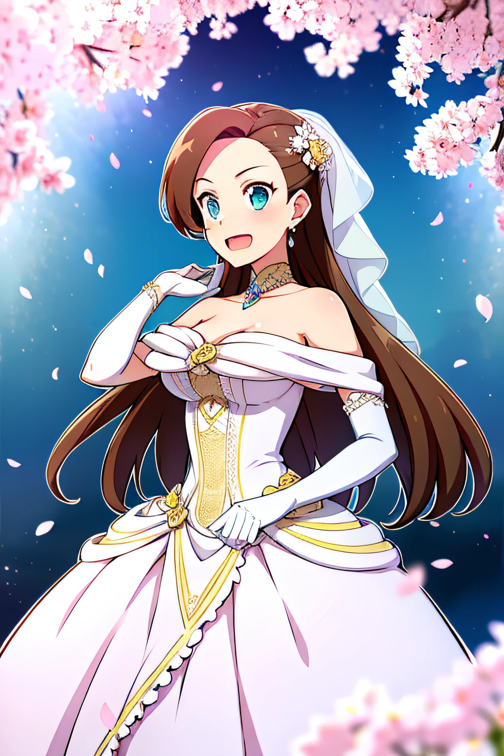 (((Best quality))), ((Ultra-detailed)), ((illustration)), ((Disheveled hair)), ((frilld)), (1 girl),(Solo),,Blue_Background,Blue_sky,Bouquet,cherry_blossoms,Falling_petals,flower,Looking_at_peeping at the viewer,Open_Mouth,petals,Pink_flower,Pink_Rose,Rose_petals,standing,Rating:safe,Wedding_dress,Wedding,Bride,White_dress,