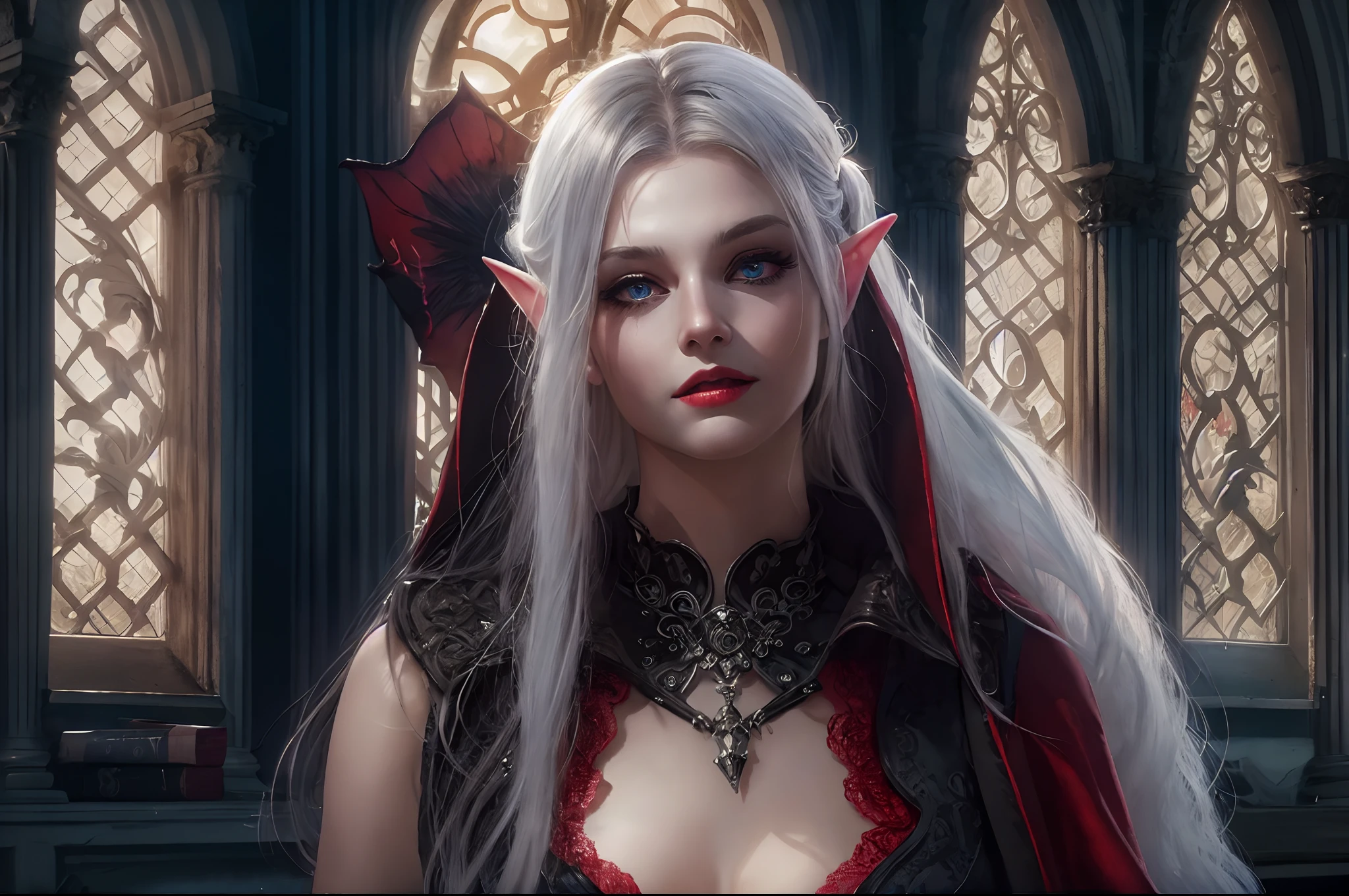 a picture of vampire elf in her castle, an exquisite beautiful female vampire elf in her library,  full body (ultra detailed, Masterpiece, best quality), ultra detailed face (ultra detailed, Masterpiece, best quality), grey skin, blond hair, hair in a ponytail, long hair, blue eyes, cold eyes, glowing eyes, intense eyes,  small pointed ears, smirking, smile with [[drops of blood on face]] (ultra detailed, Masterpiece, best quality), dark red lips, [vampire fangs], wearing white dress (ultra detailed, Masterpiece, best quality), dark blue cloak, high heeled boots in dark fantasy library, book shelves, high details, best quality, 8k, [ultra detailed], masterpiece, best quality, (ultra detailed), full body, ultra wide shot, photorealism, Larry Elmore style, dark fantasy art, gothic art, moon light coming through the window, moon rays, gothic art, sense of dread, sense of seduction