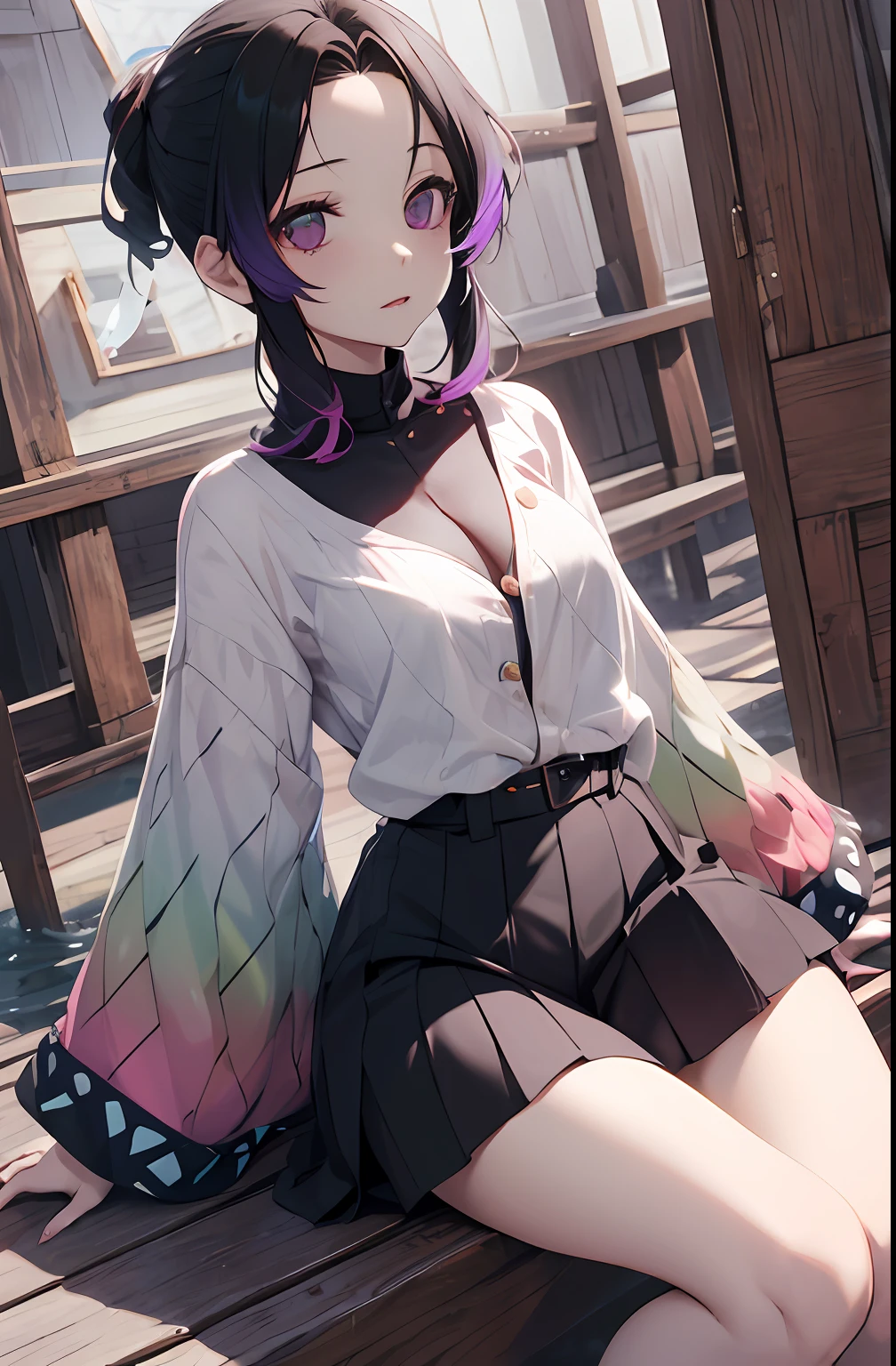masutepiece, Best Quality, hight resolution, 1girl in, 独奏, kochou shinobu, Decorate your hair with butterflies, violet eyes, Multi-colored hair, Short hair, Parted bangs, Short shorts, Spread your legs apart, skirt by the, Turtleneck Top, outside of house, Erotica, Emphasis on the chest
