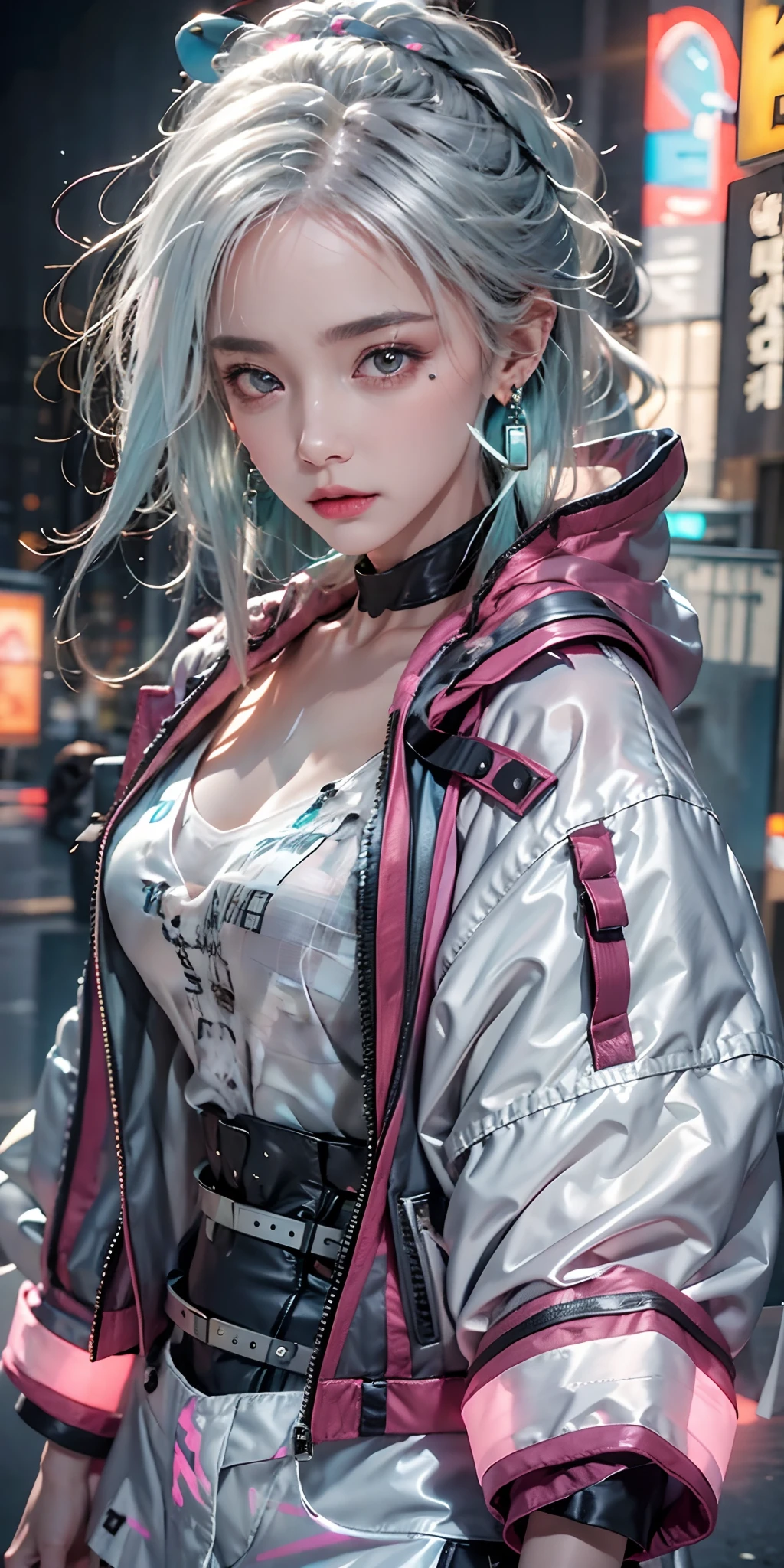 (masutepiece, Best quality, Night:1.4), (Cowboy shot, Silver hair:1.9), 8K, absurderes, Beautiful girl, (wearable computer:1.4), Cyberpunk, cybergoth, (Cyberpunk costumes, Fluorescent pink accent, Sparkling pink lines on short jacket:1.5), neonlight, bracelets and necklaces, (blazing, Glow, filmgrain, color difference:2), (Asian shopping district, street, Buildings, skyscraper:1.2), Makeup, (Cyan earrings:1.3), Sharp focus, Dark background, Perspective, depth of fields, (very small mechanical device, rain, NFFSW, Face Lights, Sharp focus, Dynamic lighting, Cinematic lighting, professional shadow, The is very detailed, finedetail, Real skin:0.8), (Detailed eyes, Sharp pupils, Realistic pupils, deep dark background:0.6), (glitch effects:0.8)、A miniskirt、huge tit