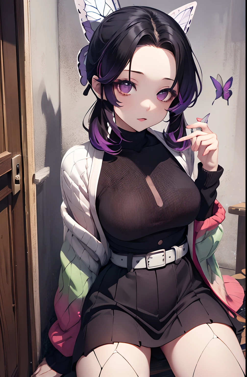 masutepiece, Best Quality, hight resolution, 1girl in, 独奏, kochou shinobu, Decorate your hair with butterflies, violet eyes, Multi-colored hair, Short hair, Parted bangs, Short shorts, Spread your legs apart, skirt by the, Turtleneck Top, outside of house, Erotica, Emphasis on the chest