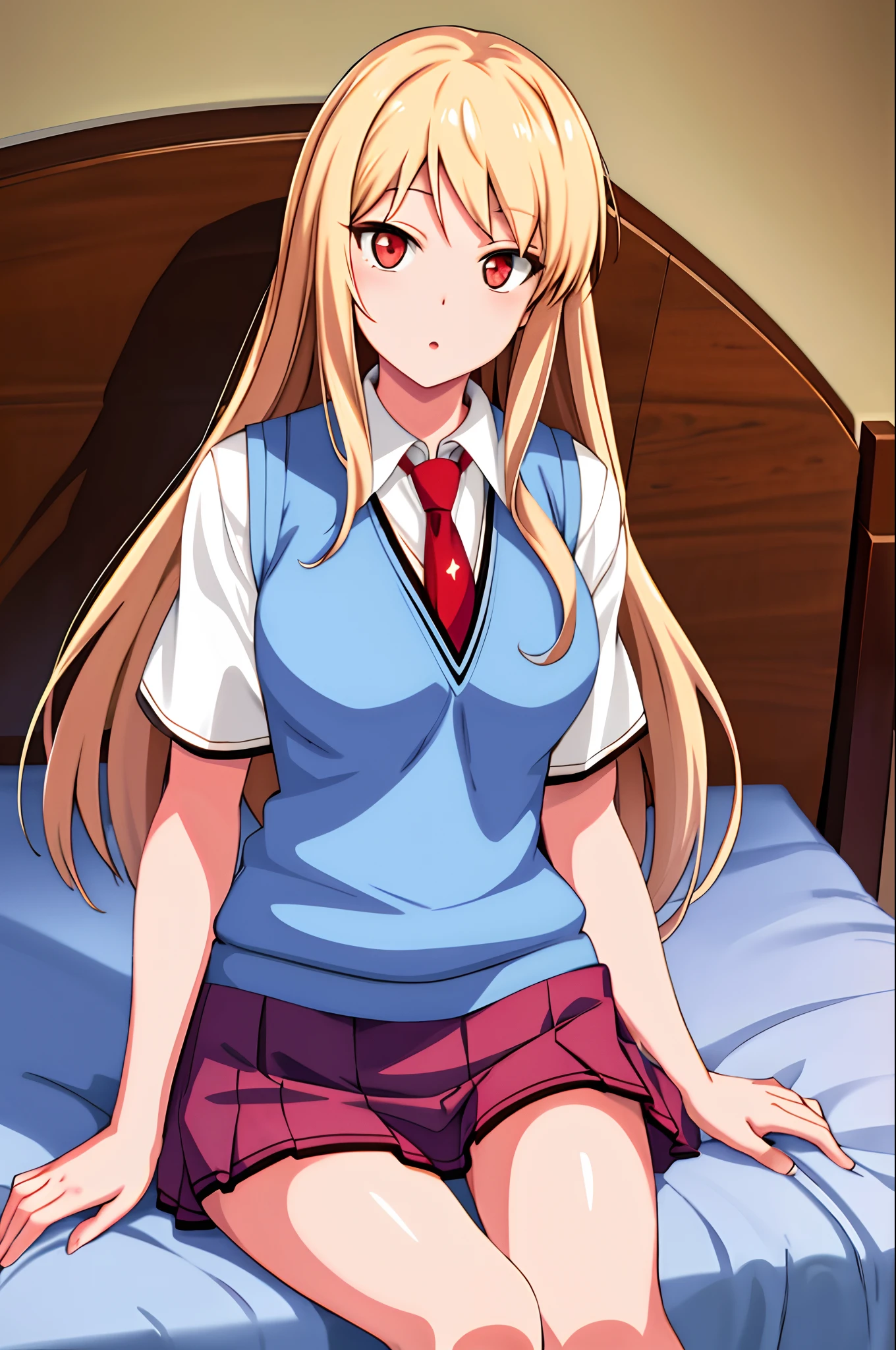 Masterpiece, Best quality, A high resolution, mashi1, Solo, school uniform, Red tie, Pleated skirt, shirt, White socks, Short sleeves, sweater vest, Breasts, Cowboy shot, Flushed, sitting on lap, in bed