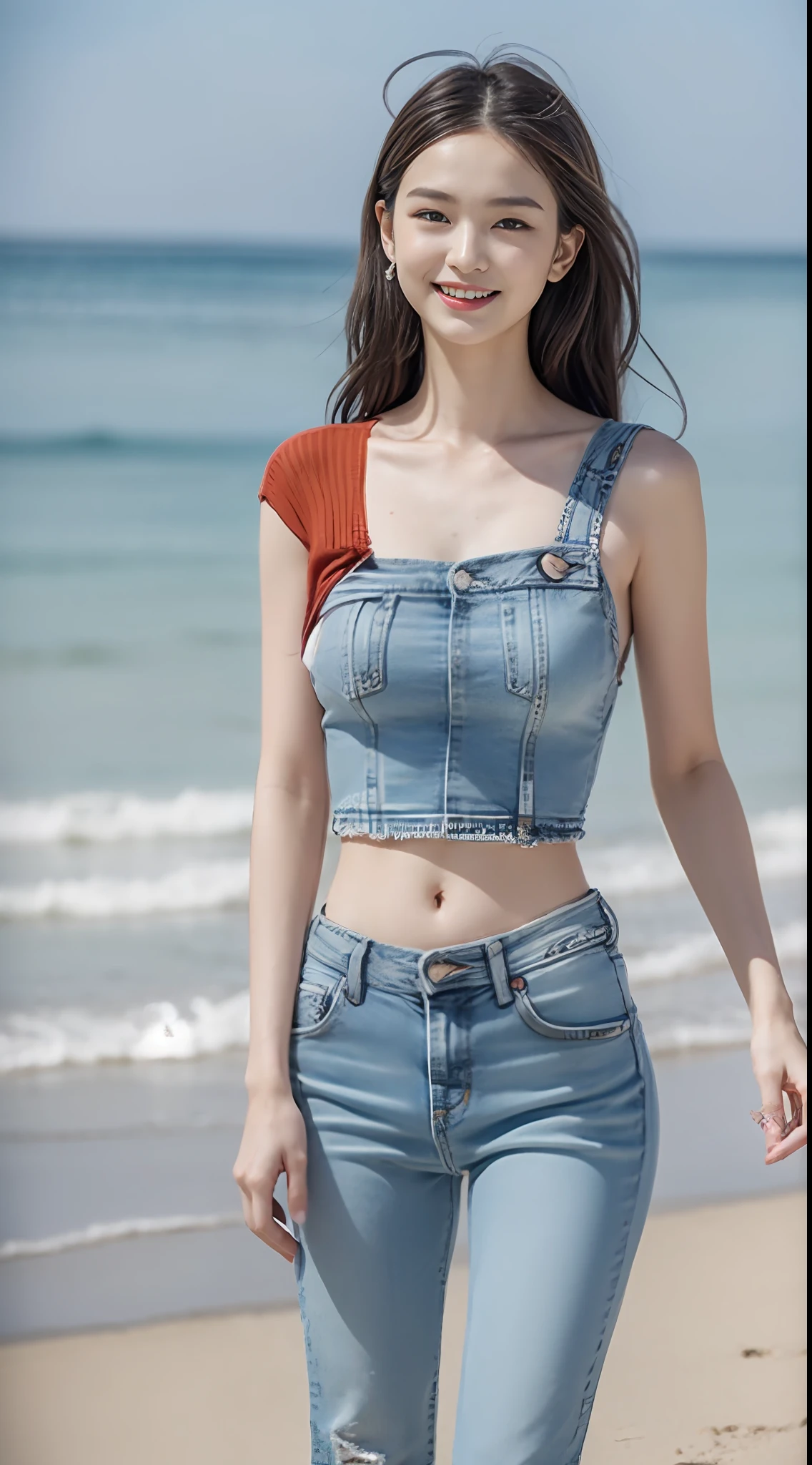 Woman in jeans on the beach,Dancing sexy,Full body shooting:1.8(RAW photogr,超高分辨率,tmasterpiece,best qualtiy:1.4),Complicated details, 20 year old Asian girl,Wear tight tops(Cultivation,Fit snugly to the body)and trendy crop top jeans,Ultra-detailed clothing,Detailed beach,A sweet smile appeared on the little face,The face is white and tender,skin lightening,Ultra-realistic facial details,Beautiful accessories,Playful and coquettish pose,The calves are straight and slender:1.5,Wear high-end branded sneakers:1.5,eventide,warm color,Broad lighting,naturalshadow,taking a full body photo:1.8