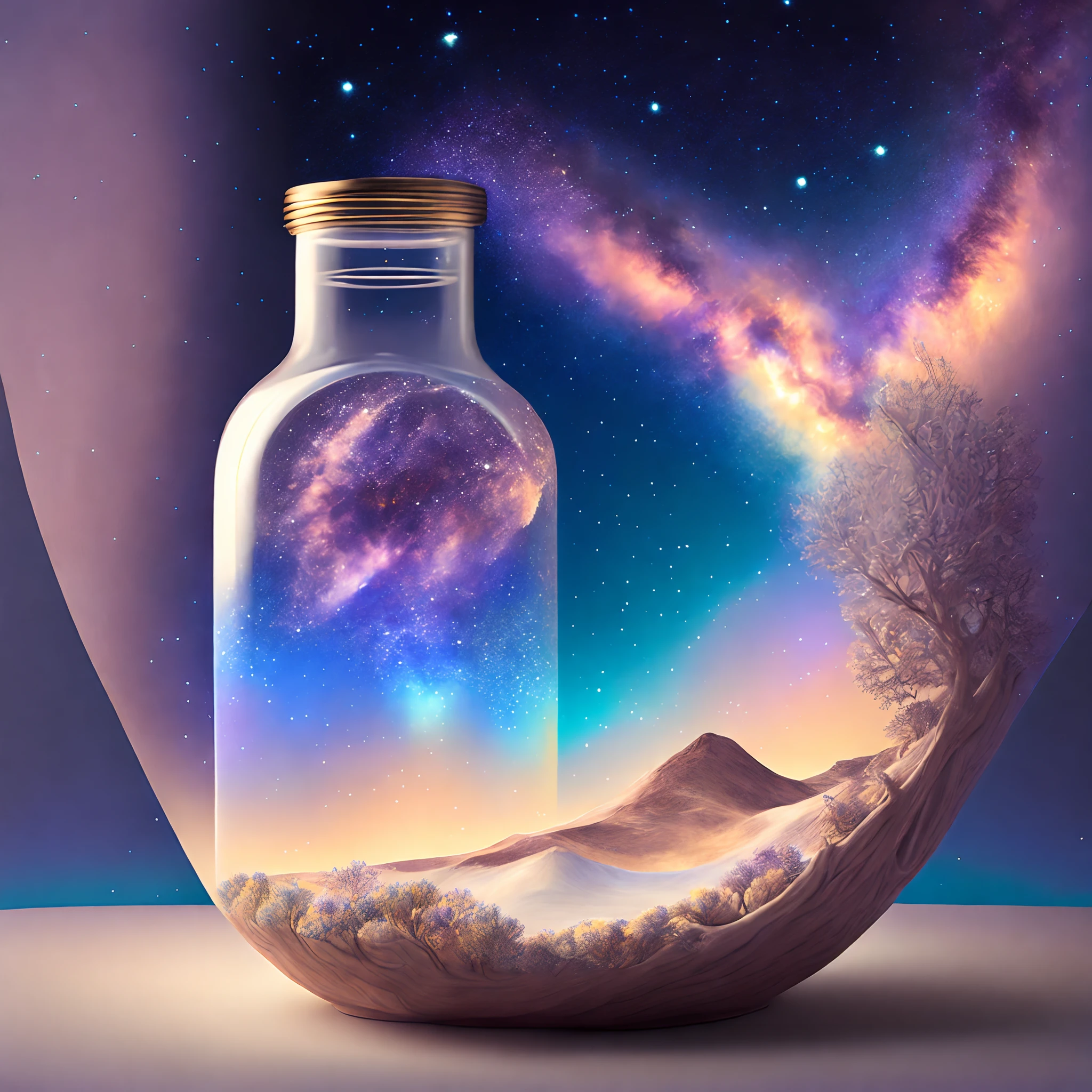 garrafa de vidro sentada em cima de uma mesa| uma pintura fotorrealista| Pixels| pastel hues| arte conceitual| terra,Stars and galaxies| highly detailed perfect render| Efeito de Luz| fantasia moderna| ornamentos multiversais brilhantes| Universe in a grain of sand| photo manipulation| beautiful composition