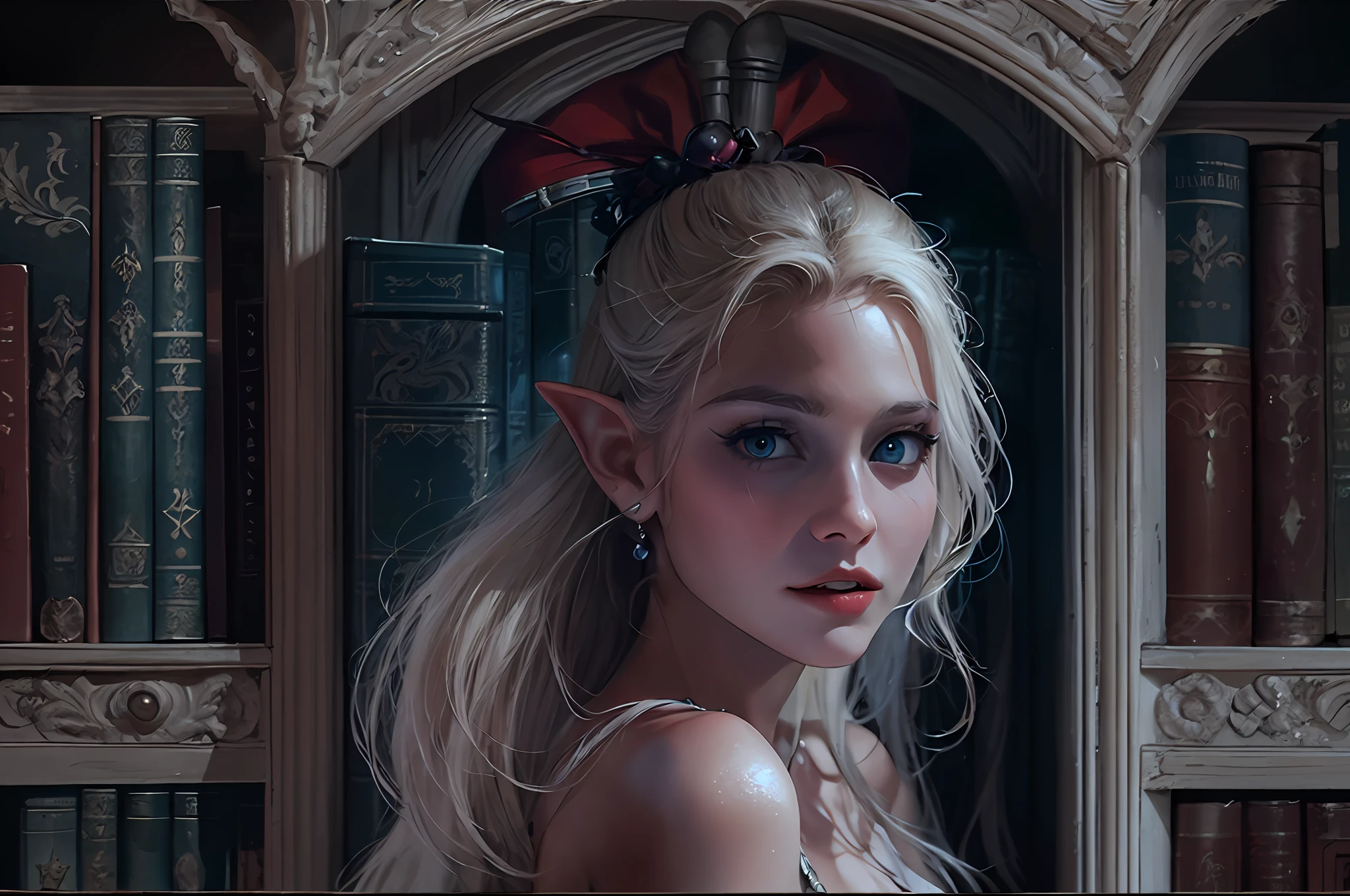 a picture of vampire elf in her castle, an exquisite beautiful female vampire elf in her library,  full body (ultra detailed, Masterpiece, best quality), ultra detailed face (ultra detailed, Masterpiece, best quality), grey skin, blond hair, hair in a ponytail, long hair, blue eyes, cold eyes, glowing eyes, intense eyes,  small pointed ears, smirking, smile with [drops of blood on face] (ultra detailed, Masterpiece, best quality), dark red lips, [vampire fangs], wearing white dress (ultra detailed, Masterpiece, best quality), dark blue cloak, high heeled boots in dark fantasy library, book shelves, high details, best quality, 8k, [ultra detailed], masterpiece, best quality, (ultra detailed), full body, ultra wide shot, photorealism, julie bell, dark fantasy art, moon light coming through the window, moon rays, gothic art, sense of dread, sense of seduction
