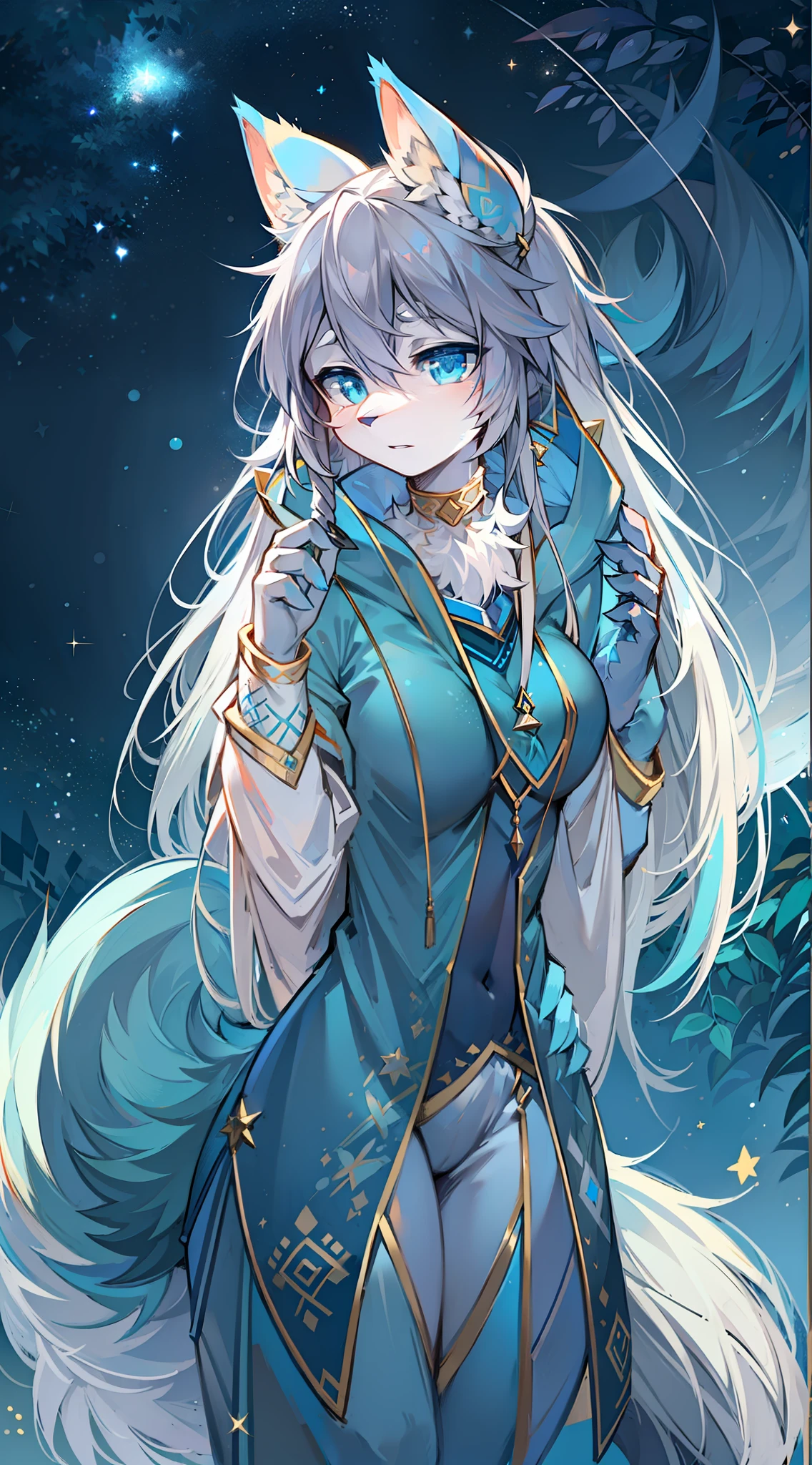 Astrologer,Big-tailed wolf,blue color eyes,grey long hair,During the stars