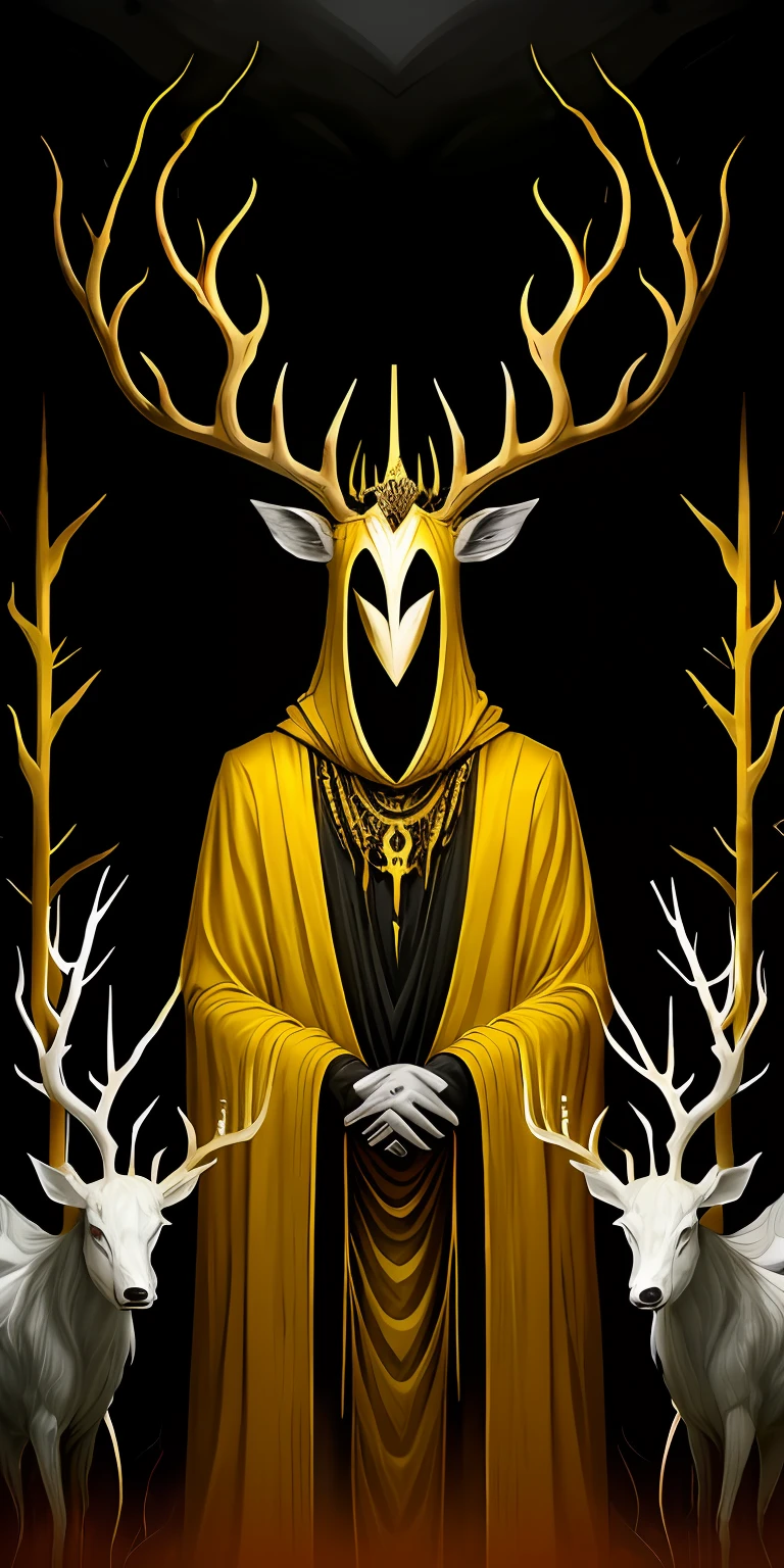 A surrealist paint splash painting，A spooky god in a cloak and mask，deer antlers，tiara crown，In the background is a magnificent shrine，golden colored，White and black color scheme，（abstract res：1.2）