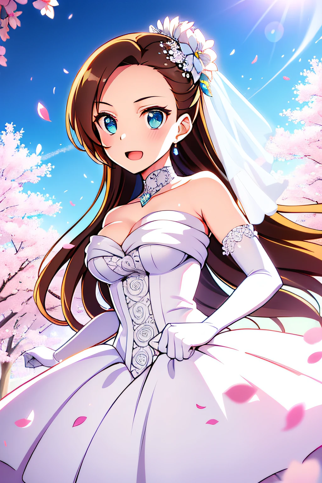 (((Best quality))), ((Ultra-detailed)), ((illustration)), ((Disheveled hair)), ((frilld)), (1 girl),(Solo),,Blue_Background,Blue_sky,Bouquet,cherry_blossoms,Falling_petals,flower,Looking_at_peeping at the viewer,Open_Mouth,petals,Pink_flower,Pink_Rose,Rose_petals,standing,Rating:safe,Wedding_dress,Wedding,Bride,White_dress,