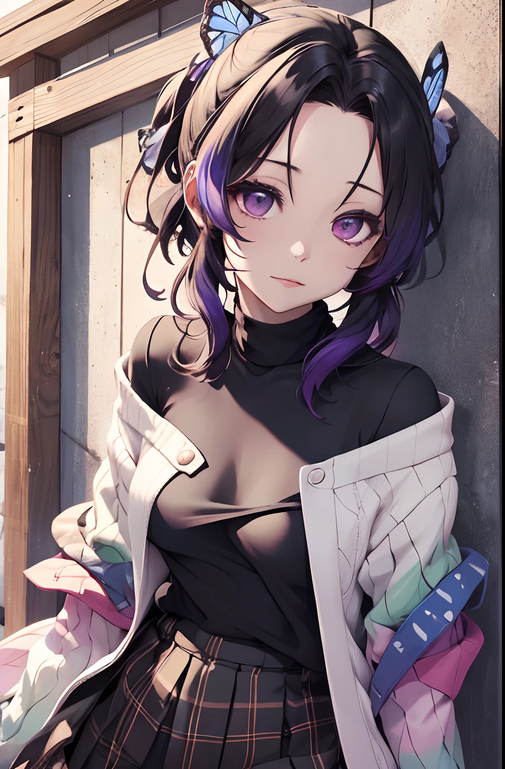 masutepiece, Best Quality, hight resolution, 1girl in, 独奏, kochou shinobu, Decorate your hair with butterflies, violet eyes, Multi-colored hair, Short hair, Parted bangs, Short shorts, Spread your legs apart, skirt by the, Turtleneck Top, outside of house, Erotica, Emphasis on the chest, knit
