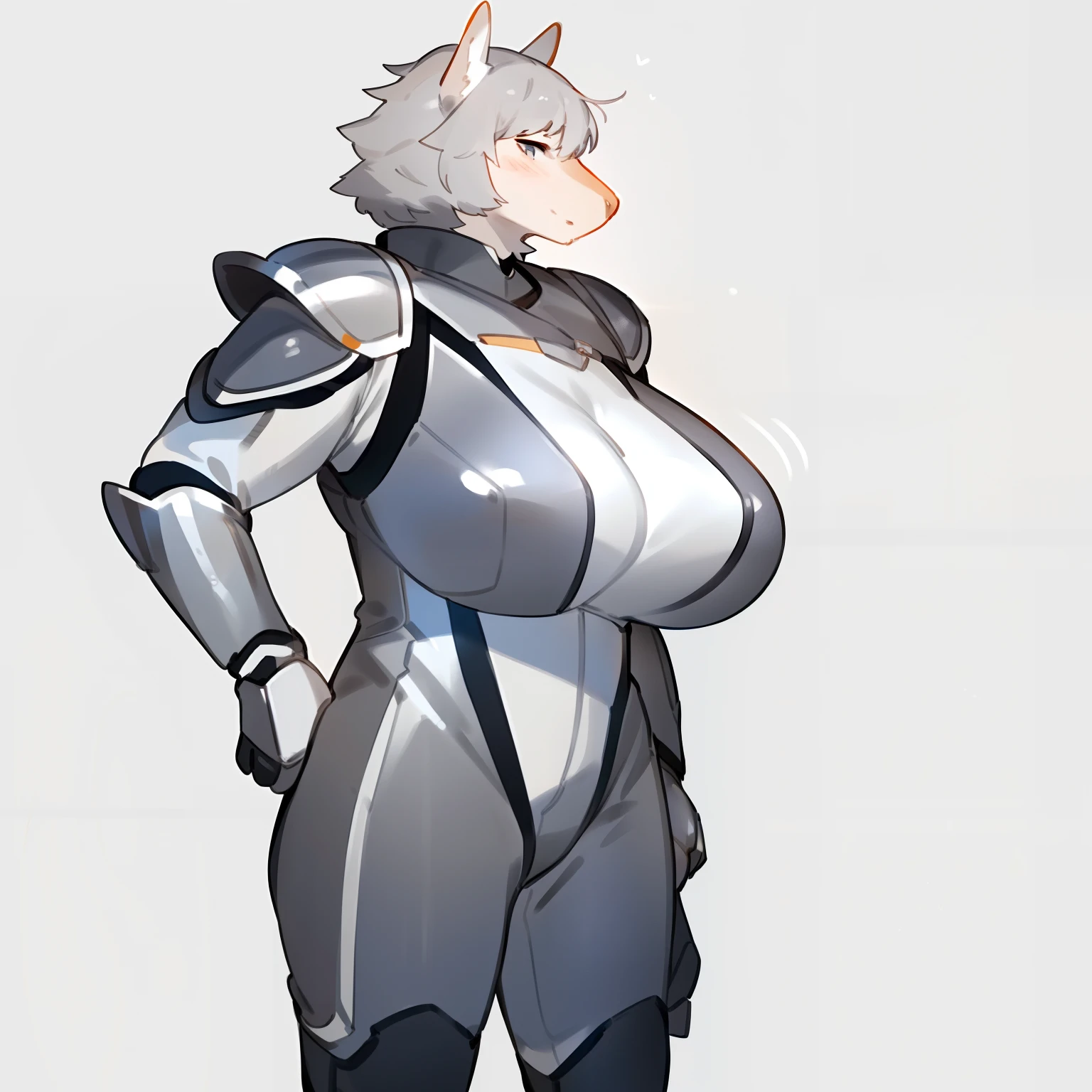 By bebebebebe, by spuydjeks, by buta99, by spikedmauler, solo, standing, female, ((hair, snout)), muscular, steel chest piece, metal shoulder pads, ((silver spacesuit under armor)), (((silver))), big breasts, silver knight armor