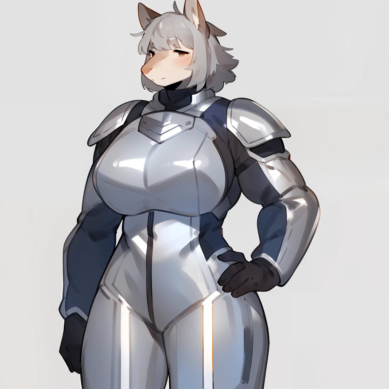 By bebebebebe, by spuydjeks, by buta99, by spikedmauler, solo, standing, female, ((hair, snout)), (((muscular))), steel chest piece, metal shoulder pads, ((silver spacesuit under armor)), (((silver))), big breasts, silver knight armor