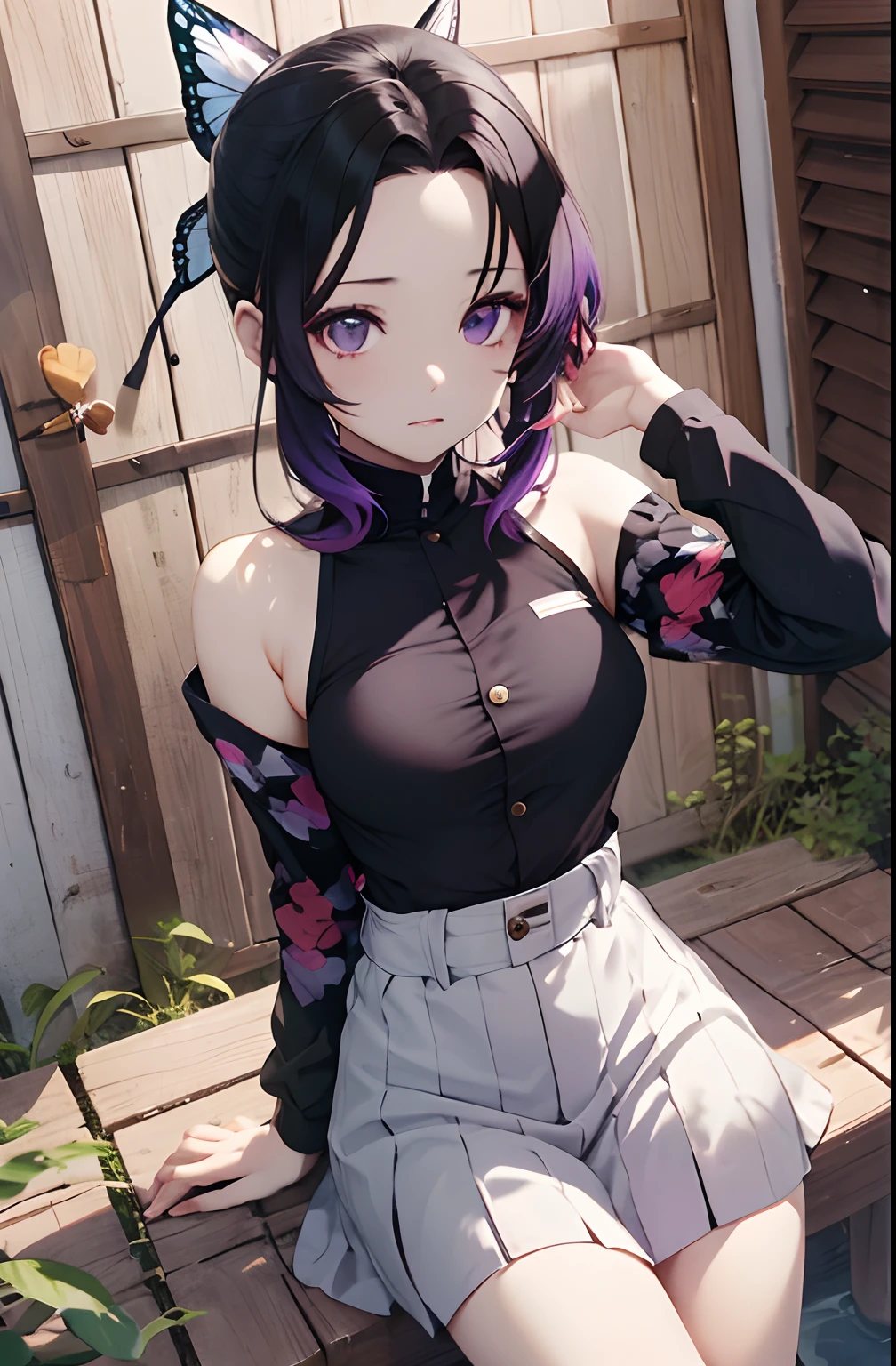 (best quality, 8k, ultra-detailed, masterpiece:1.2), portraits, Kochou Shinobu, solo, butterfly hair ornament, ((Multicolored hair)), short hair, tied hair, purple eyes, detailed eyes, ((purple)).
BLACK shirt, ((sleeveless)), buttoned, ((exposed belly/abdomen)), white jacket, ((jacket without zippers)).
REST stop, looking at the viewer, natural environment, lights, smiling, embarrassed.
Detailed representation of the face, beautiful facial features, perfect anatomy, ((large buttocks)).
