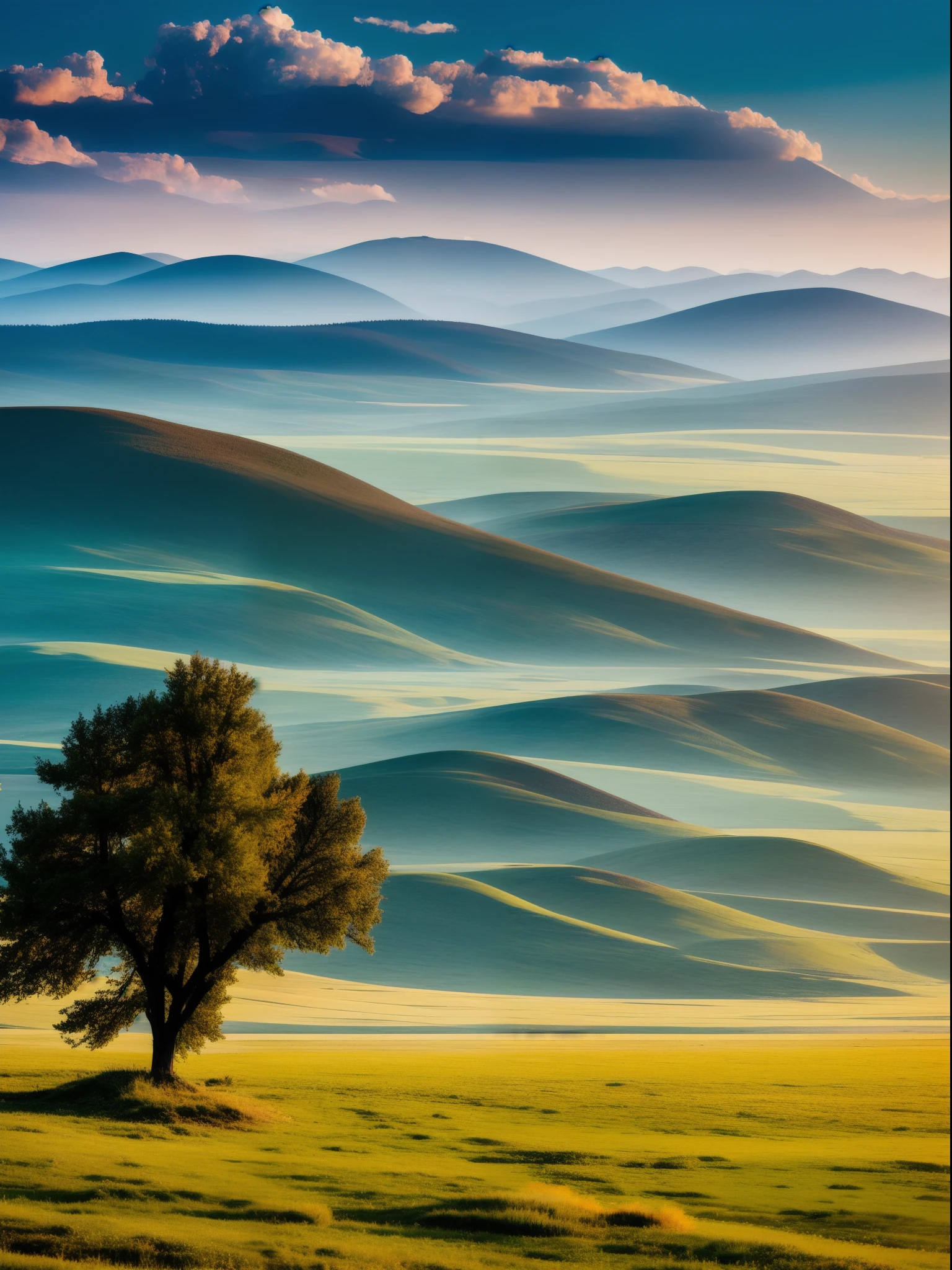 in the early morning,On the steppe,The tree,mont,lake,Clear,beautiful natural places,k hd