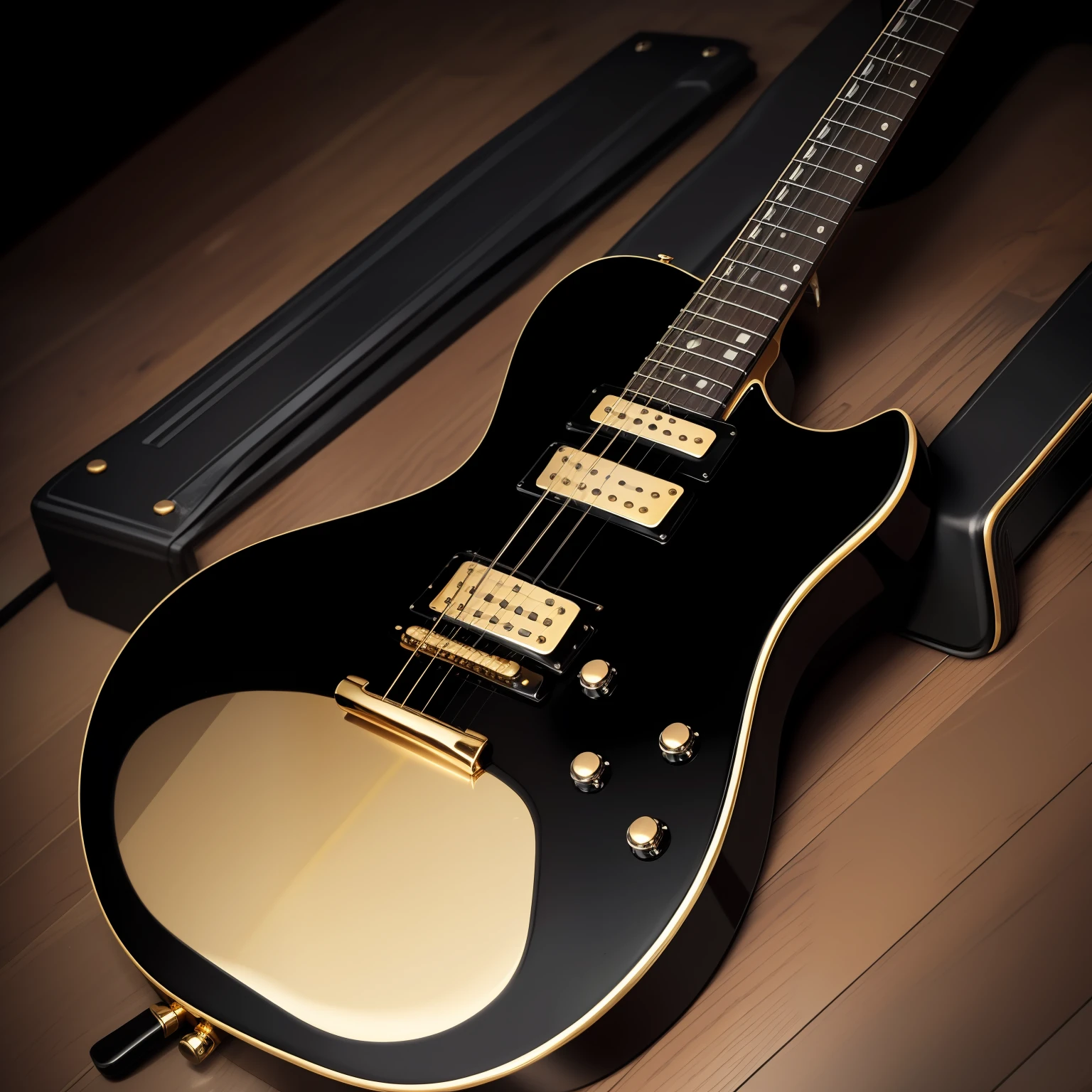 Very nice black colored shine guitar Its edges are golden around it.