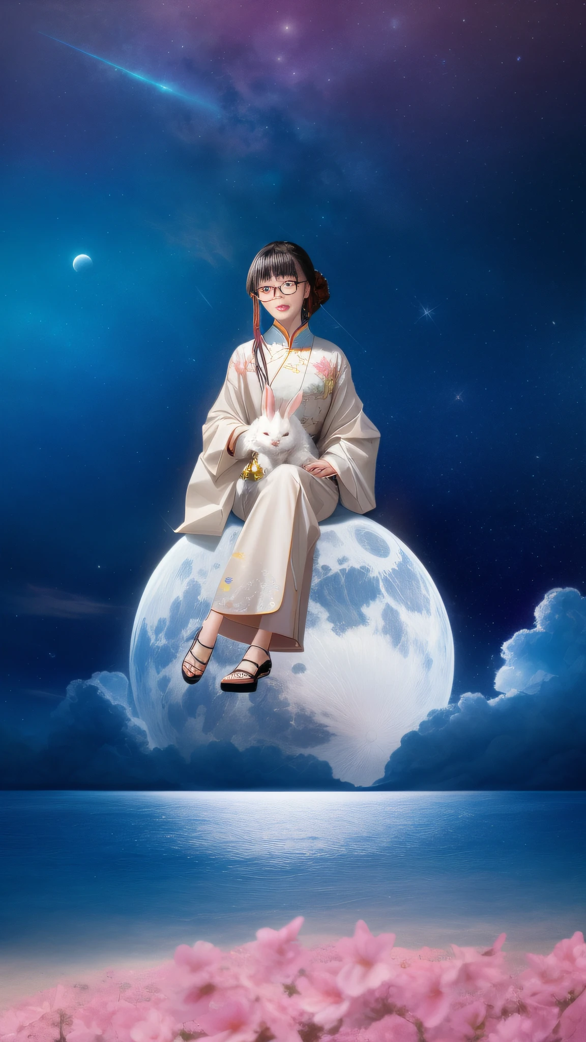 (first person perspective, in a panoramic view,magic realism,surrealism,Chiaroscuro, China - Fashion illustration:1.5,Vector painting:1.5,Masterpiece, hyper HD, Super detail, High details, Best quality, A high resolution, A high resolution, Award-Awarded, Award-Awarded, Anatomically correct, 8K),(A cute girl:1.5,Holding a cute little white rabbit:1.5,sitting on a moon:1.5,Peach blossoms with blurred foreground,the sea,clouds,There is a huge satellite suspended in space,Peaceful night sky in the background,A lot of meteors),(China - chic Chinese intellectual girl,anatomy correct,Fashion clothing,Wear stylish glasses,Modern minimalist and stylish design,Oriental elements,Cinematic lighting,Chinese colors:1.2,senior color matching,Dark background)