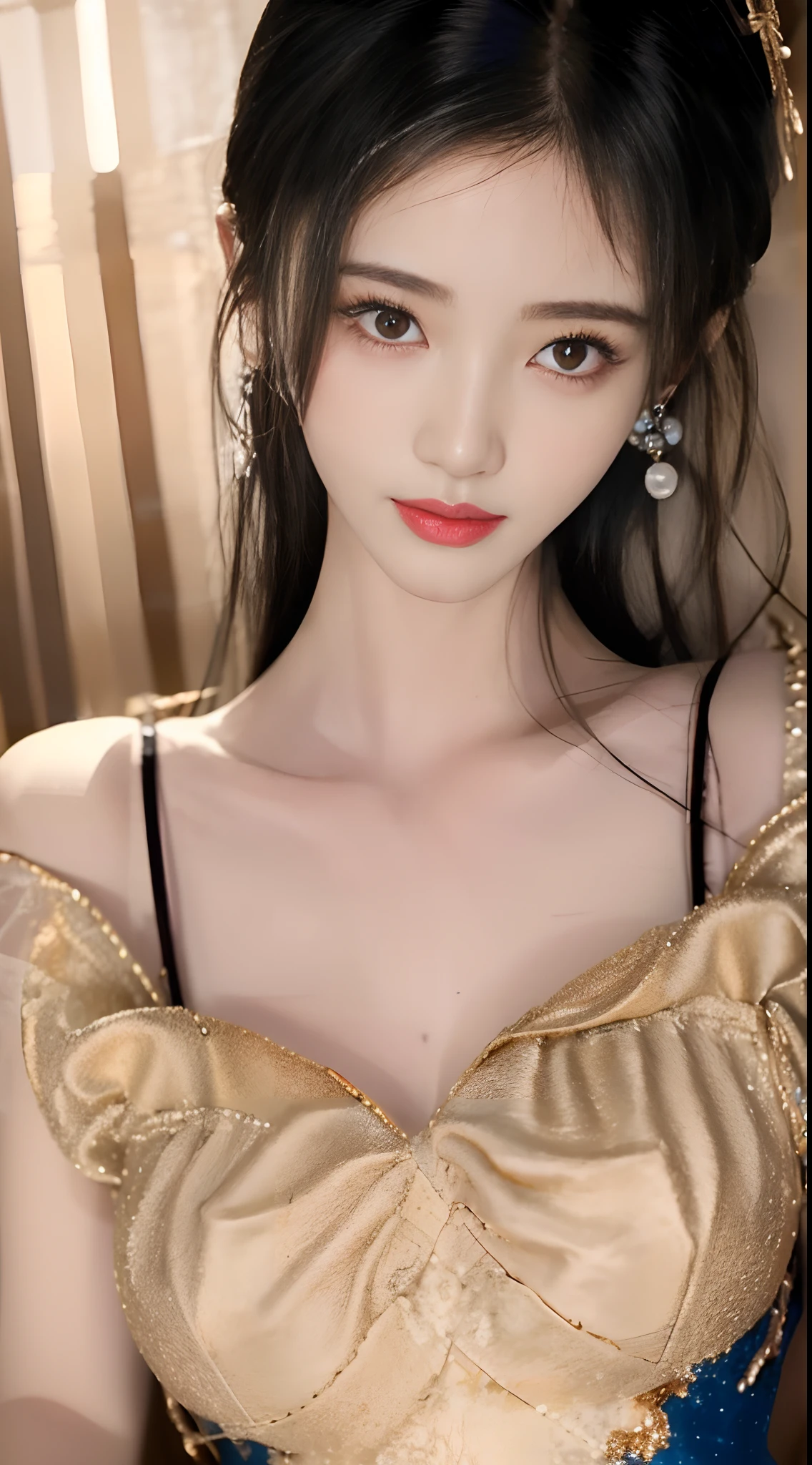 Gorgeous young Chinese woman wearing bandeau，Superskirt，Inspired by Aeon Andreescu's surrealist paintings，Black color hair，gold earring，firm breast，cleavage，Cute and charming smile，Clear face，Glossy glossy skin，Chinese female idol