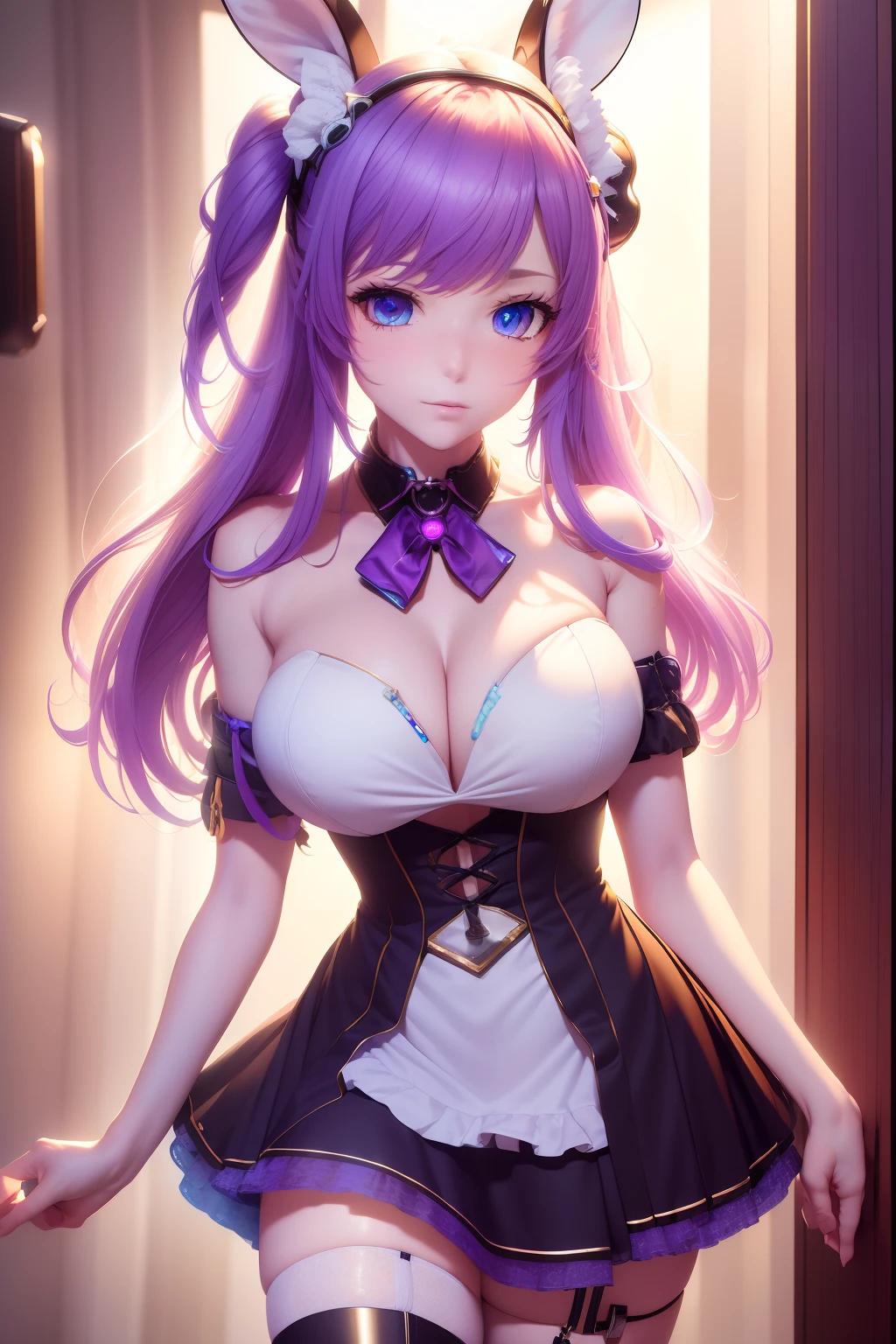 masterpiece, best quality, highres, nm1, cyberpunk maid dress, short skirt, rabbit ears, cowboy shot, standing, colorful hair