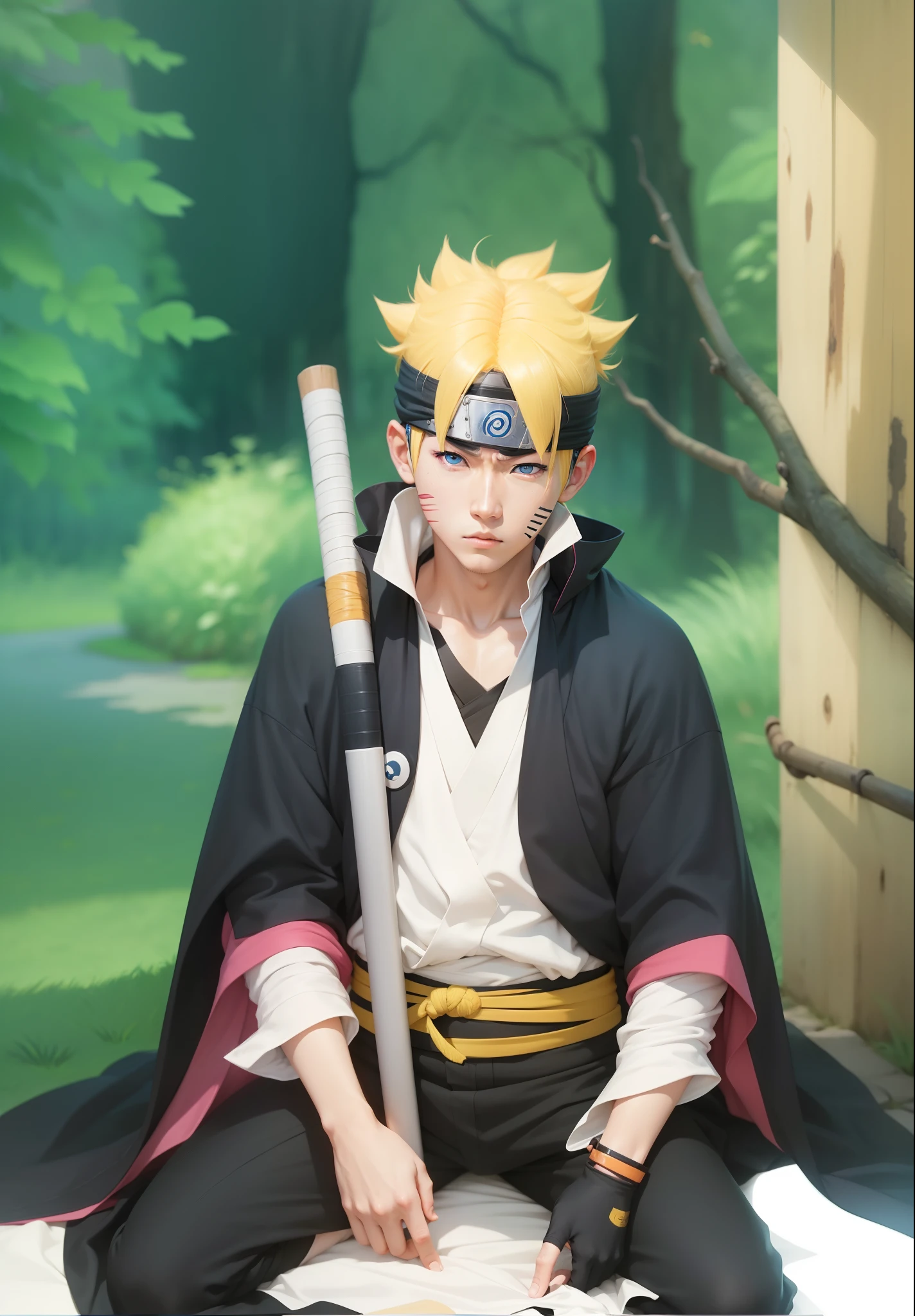 A real life adaption boruto uzumaki, hyper realistic,Japanese face with blue eyes ,one eyes is closed