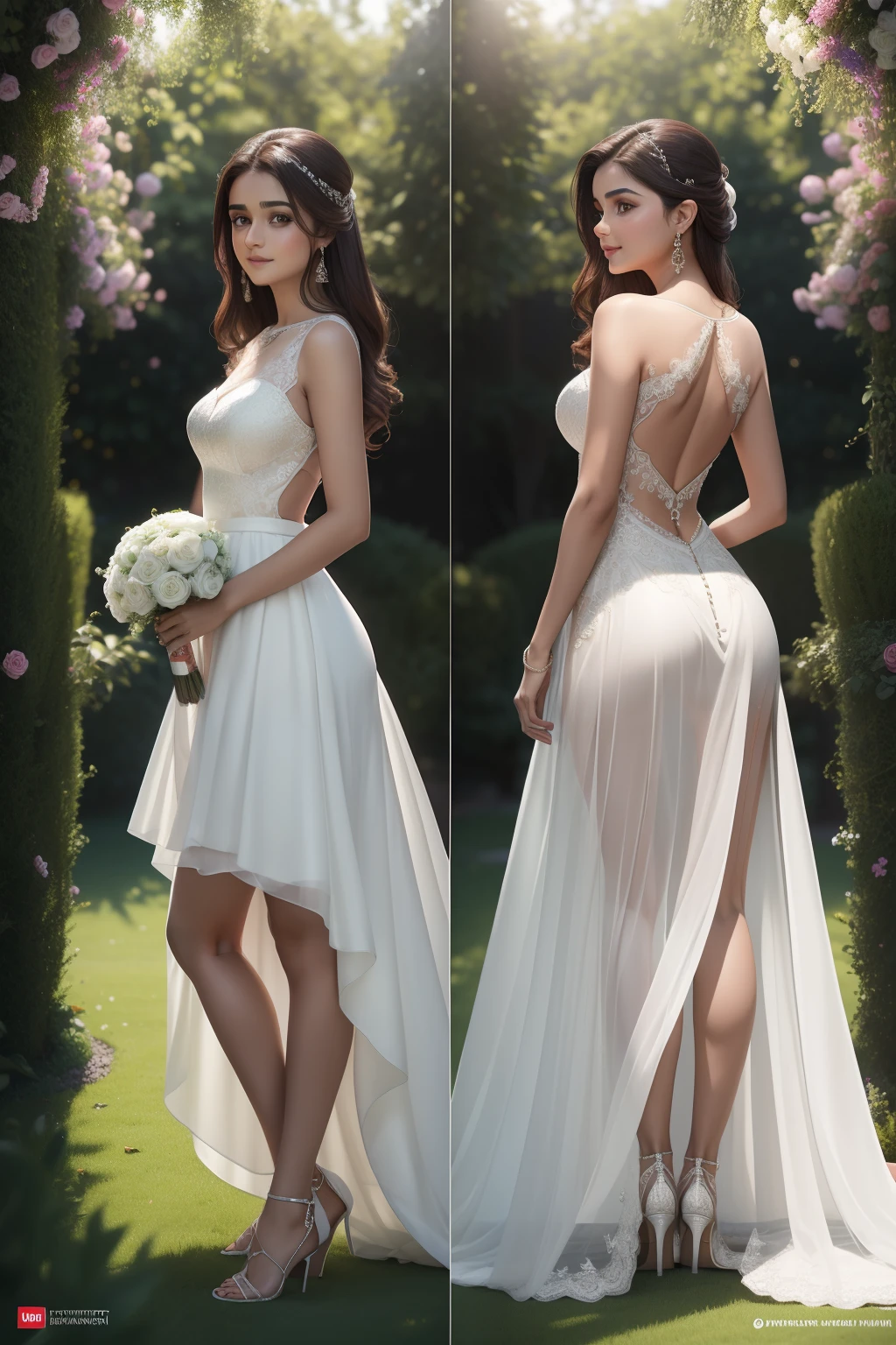 (((Generate front and back views))) of 23 yr. old Alia Bhatt ( smiling :0.8) wearing Alluring design, bridal dress with a front miniskirt cut above the knees,1person,(((1 bridal Dress design))),full length view, 3/4 back view, 3 / 4 ,uiltra-photorealistic,masterpice,award winning,dslr camera.rim lighting, studio lighting, looking at the mirror, full body shot,in the garden,dslr, ultra quality, sharp focus, tack sharp, dof, film grain, Fujifilm XT3, crystal clear, 8K UHD, highly detailed glossy eyes, high detailed skin,