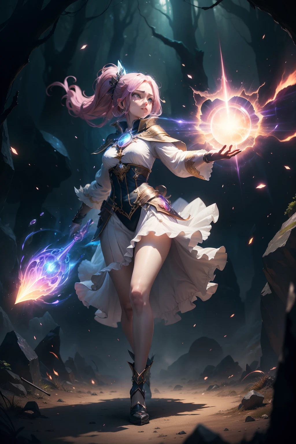 masterpiece, best quality, absurdres, volumetric lighting, 1girl, mage outfit , full body, unleashing aura, excessive energy, naturemagic ,magical energy , mana, fantasy,