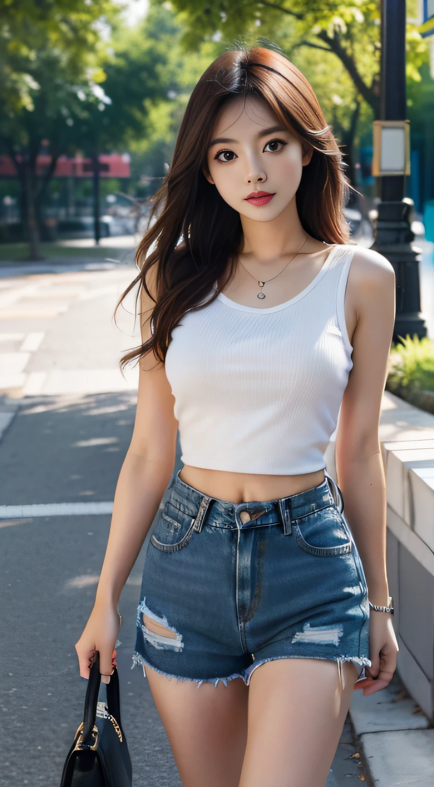 A beautyfull girl in tank top and shorts, over size t-shirt and hight waist shorts jean in the coffee, CG rendering, Blurred background, deep shadow,  16K, bokered,   Very detailed, wallpaper, depth of field, movie light, Ray tracing.