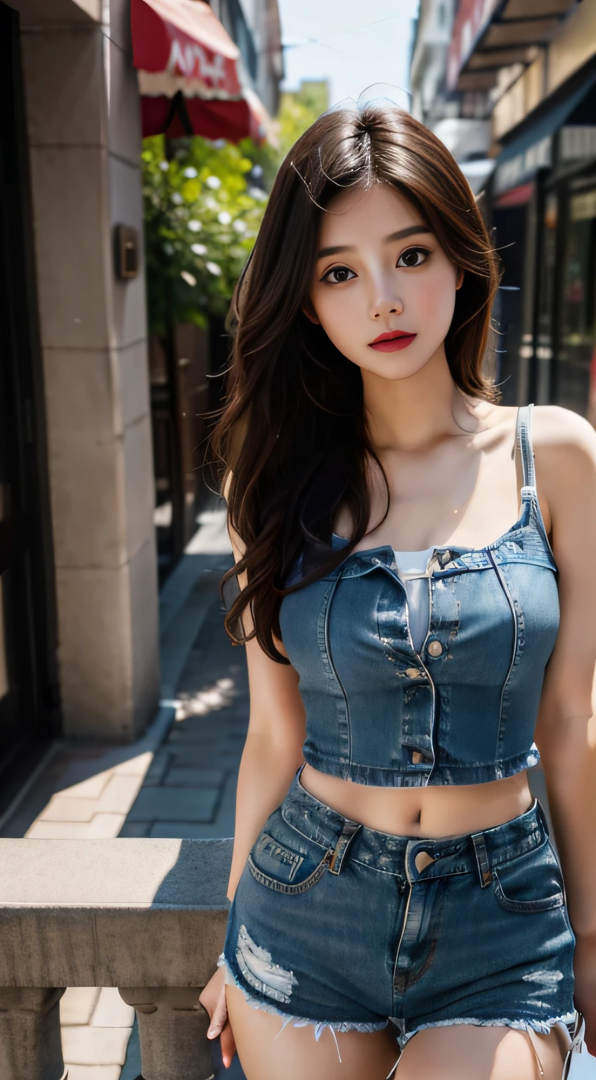 1girll, Chest support, park, Denim shorts,, Masterpiece, Best quality, Highly detailed