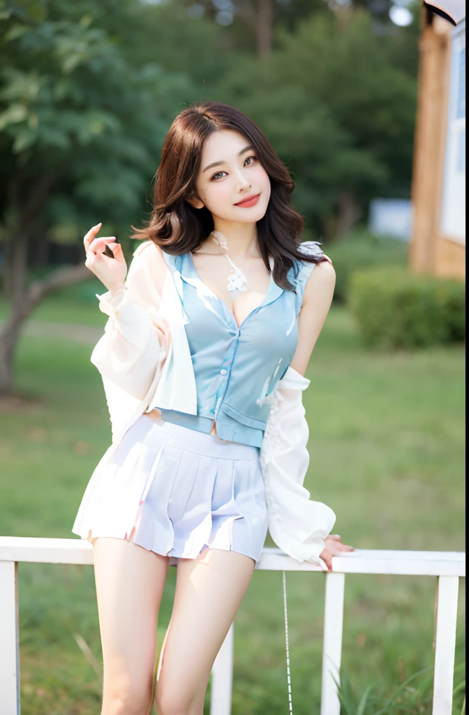 (((Medium hair))), best qualtiy, 8K, hdr, A high resolution, absurderes:1.2, blur backgroun, Background bokeh:1.2, photography of, (RAW photo:1.2), (真实感:1.4), (Masterpiece:1.3), (complexdetails:1.2), 1girll, 独奏, japanaese girl, delicated, Beautiful detailed, (Detailed eyes), (Detailed facial features), Bigboobs, (((Large breasts))), Skin Firm, (Looking_at_peeping at the viewer), From_Front, (being thin),(best qualtiy:1.4),(超A high resolution:1.2),cinematic lighitnglamplight,(Extremely detailed illustration),(Gloss on lips,best qualtiy,超A high resolution,depth of fields,Caustics,Extensive illumination,naturalshadow,85mm, f/1.4, iso 200, 1/160s:0.75),1girll, Solo, (((Silk vest))) Smile, ((silk garment,pleatedskirt,Classroom))