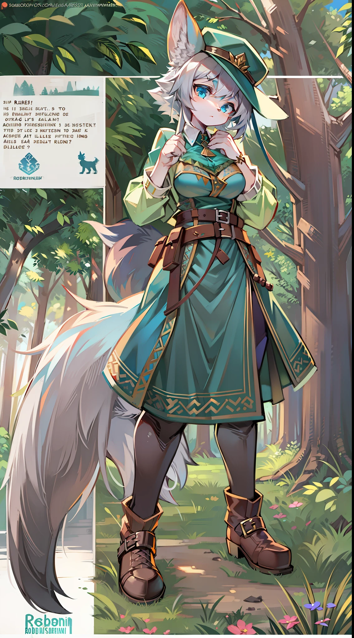 dense woods,Ranger dress-up,Robinsonian hats,Big-tailed wolf,female,blue color eyes,Gray hair