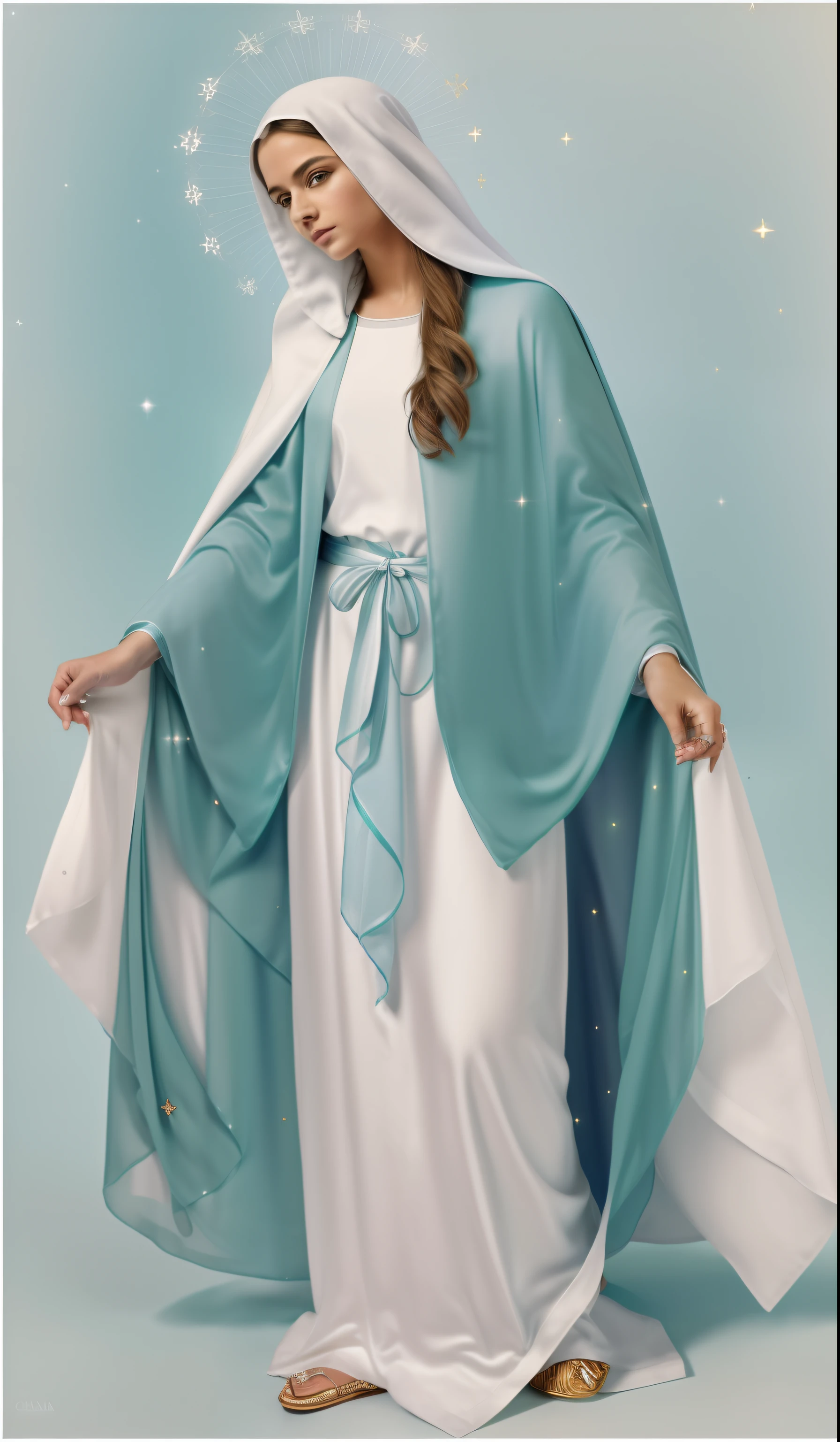 ((Blessed Virgin Mary. 19 years old))) ((( Con una cara seria y piadosa. Con una mirada dulce y tierna))) (obra maestra, calidad superior, mejor calidad, arte oficial, beautiful and aesthetic: 1.2), (1girl), extremadamente detallado, (Arte fractal: 1.3), colorido, highest detailed, Cara perfecta, parte superior del cuerpo, HDR, (orando: 1.3), (golden lines of white coat: 1.2), galaxia, (rayas de luz), eye-catching visuals, (dynamic stripes, senderos luminosos: 1.2), colores vibrantes,