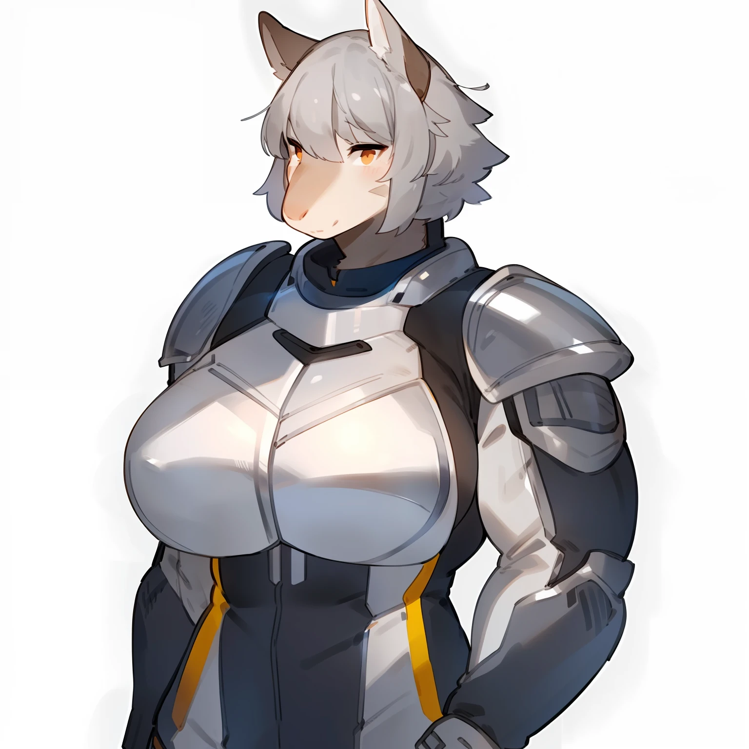 By bebebebebe, by spuydjeks, by buta99, by spikedmauler, solo, standing, female, ((hair, snout)), muscular, steel plate chest plate, ((boob armor)), armor with ab engraving, metal shoulder pads, silver spacesuit,