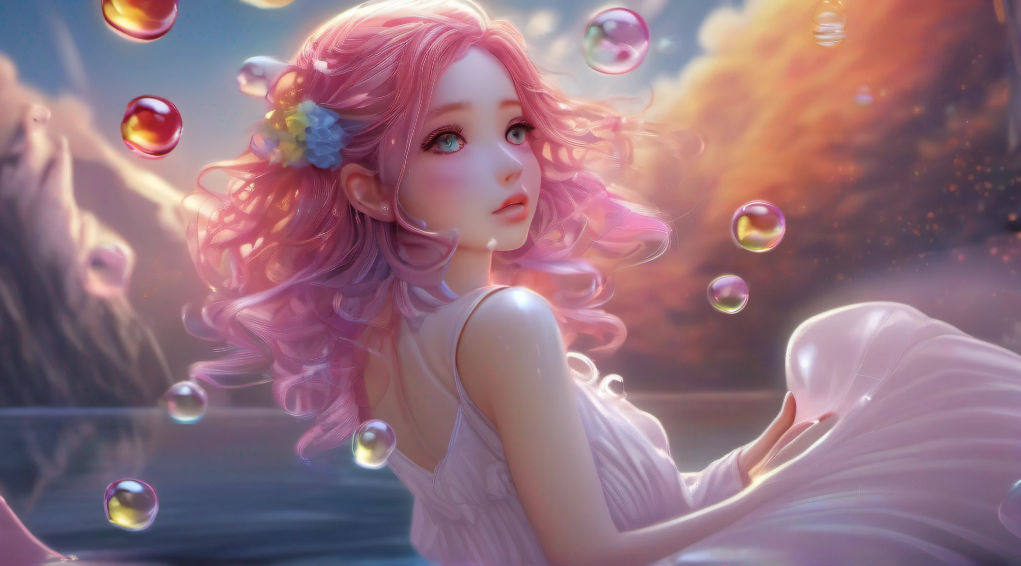 (original), (masterpiece) , (best quality) , (reality: 1.3) , photorealistic, Octane rendering, (surreal: 1.2) , perfect features, 1 girl, colorful, wet, ((translucent frilled nightgown)), (fairy wings), translucent skin, (colored inner hair), translucent hair, ((glowing inner hair)), colorful_hair ornament, the perfect appearance, her face flushed, ( her hands behind her head and out of her armpits1.4), ((caustic, seductive, sexy, charming)), the light red effect, Zero gravity, in space, crystals texture flowers, sparkle, lens flare, light leaks, Broken glass, beautiful detailed gemstone sky, (((colored inner hair, Starry sky adorns hair, (lots_of_big_((colorful))_Bubble), [pearl], [Galaxy], depth of field,colorful bubble, colorful water_drop,colorful spray))), extremely detailed wallpaper, highly detailed illustrations, (1 Girl), (best lighting) , (super-complex details) , 4K unified, (super-detailed CG: 1.2) , (8K: 1.2)