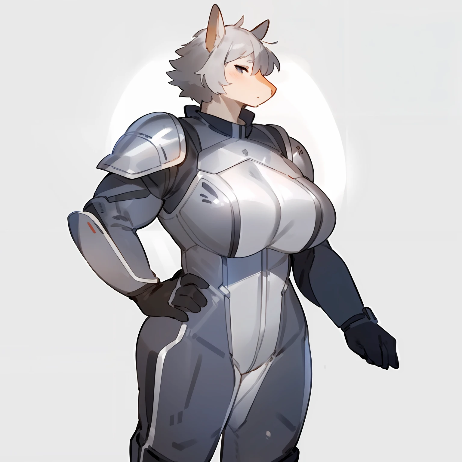 goat, female sheep, large breast, wide hips, looking away, armor,