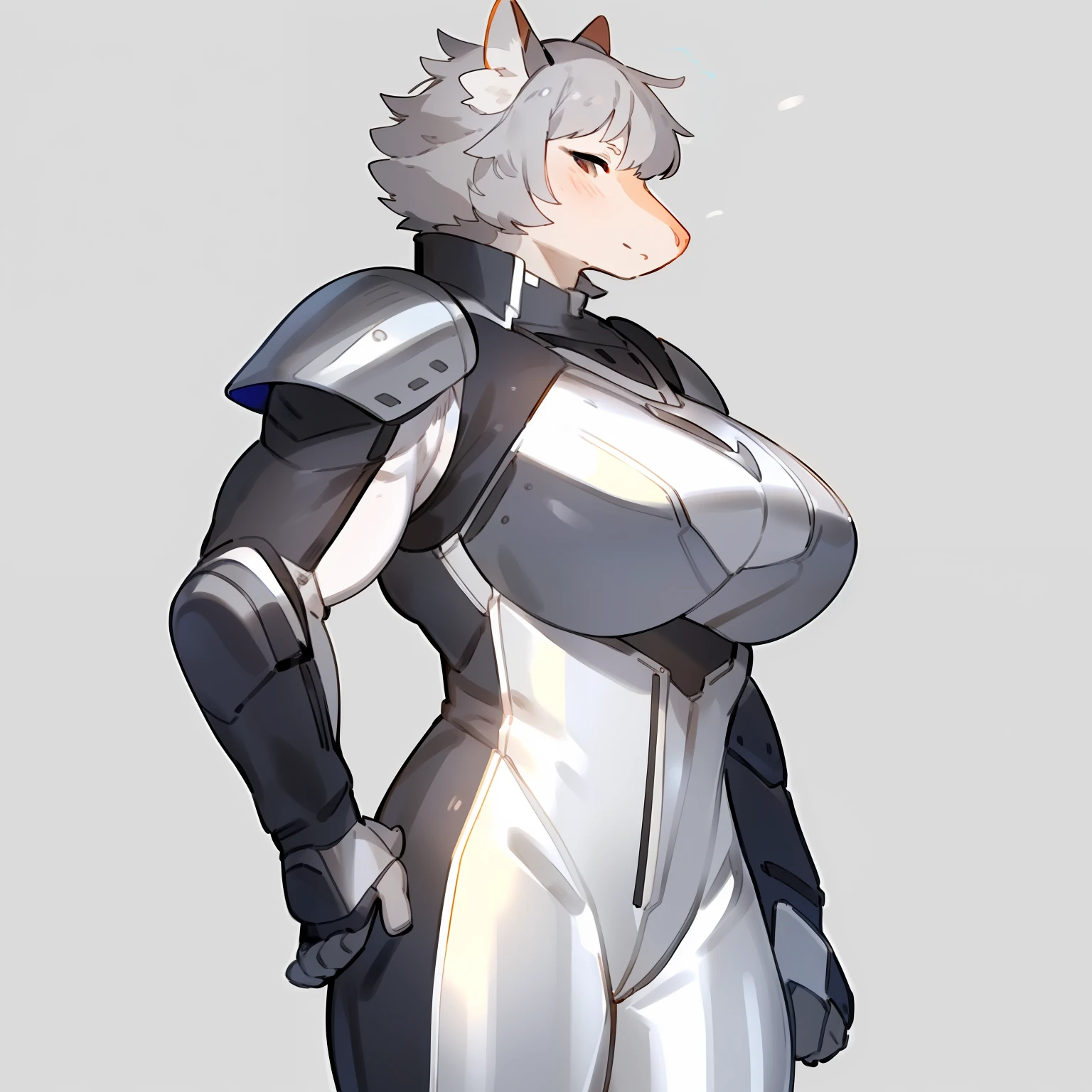 ((8k, 4k, Detailed, High quality, masterpiece, perfect anatomy, sfw)), Mass Effect, furry, female, mature female, kemono, ((by claweddrip)), Von Lycaon, (Zenless Zone Zero), wolf, sexy body, big breasts, cute face, red eyes, eye patch, fluffy tail, thick thighs, N7 armor, tight thong, harness, body movement, wagging tail, seductive look, hearts,