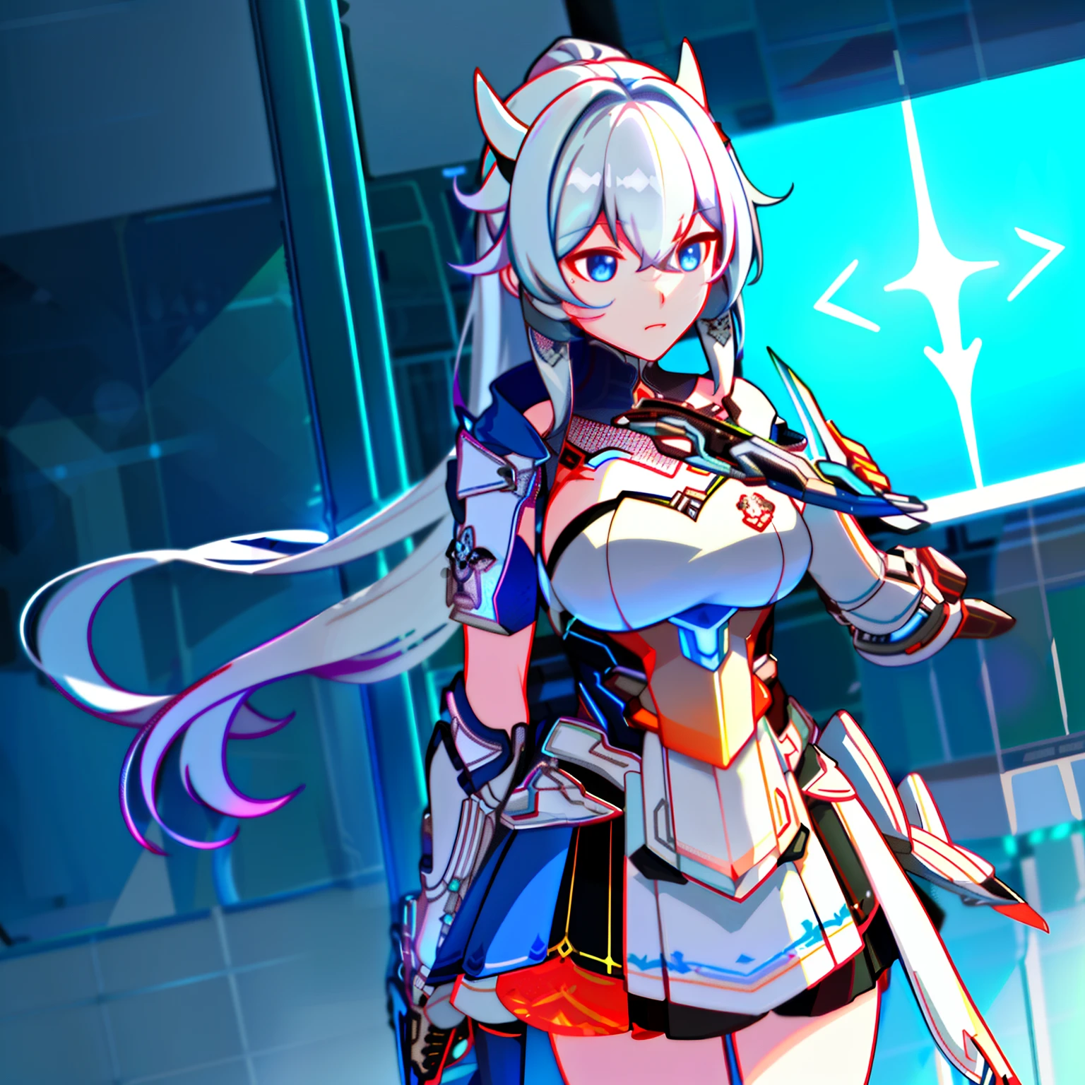 Masterpiece, Best quality, 1girll, Cyberpunk mechanical wind,Solo, kiana,火焰, Long white hair, Single horsetail,The ends of the hair are red, blue color eyes, White dress, cloaks, knee armor,White gloves, Adult body type,huge tit,long leges,Slender body type,Holding a large white sword,light particules,Bullish,righteous,(HighDynamicRange),Ray traching,NVIDIA RTX,Hyper-Resolution,Unreal 5,Subsurface scattering、PBR Texture、post-proces、Anisotropy Filtering、depth of fields、maximum definition and sharpness、Many-Layer Textures、Albedo e mapas Speculares、Surface coloring、Accurate simulation of light-material interactions、perfectly proportions、rendering by octane、Two-colored light、largeaperture、Low ISO、White balance、the rule of thirds、8K raw data、