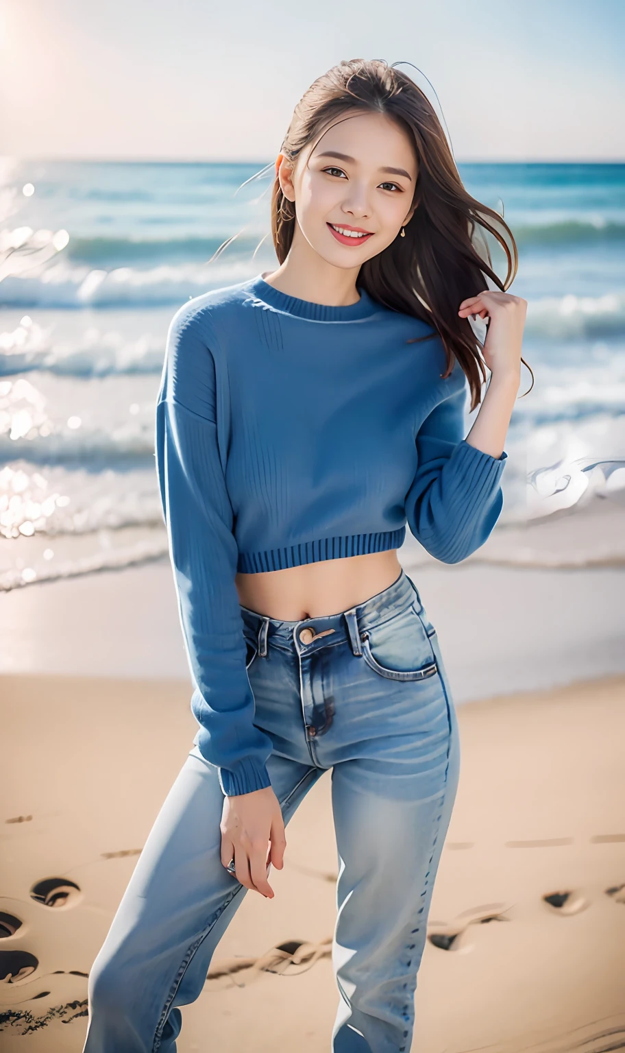 Woman in jeans on the beach，Dancing sexy，Full body shooting:1.8（RAW photogr，超高分辨率，tmasterpiece，best qualtiy：1.4），Complicated details， 20 year old Asian girl，Wear a skinny knit sweater（Cultivation，Fit snugly to the body）and trendy crop top jeans，detailed outfits，Detailed beach，A sweet smile appeared on the little face，The face is white and tender，skin lightening，Ultra-realistic facial details，Beautiful accessories，Playful and coquettish pose，The calves are straight and slender:1.5，Wear high-end branded travel shoes:1.5，eventide，warm color，Broad lighting，naturalshadow，taking a full body photo:1.8