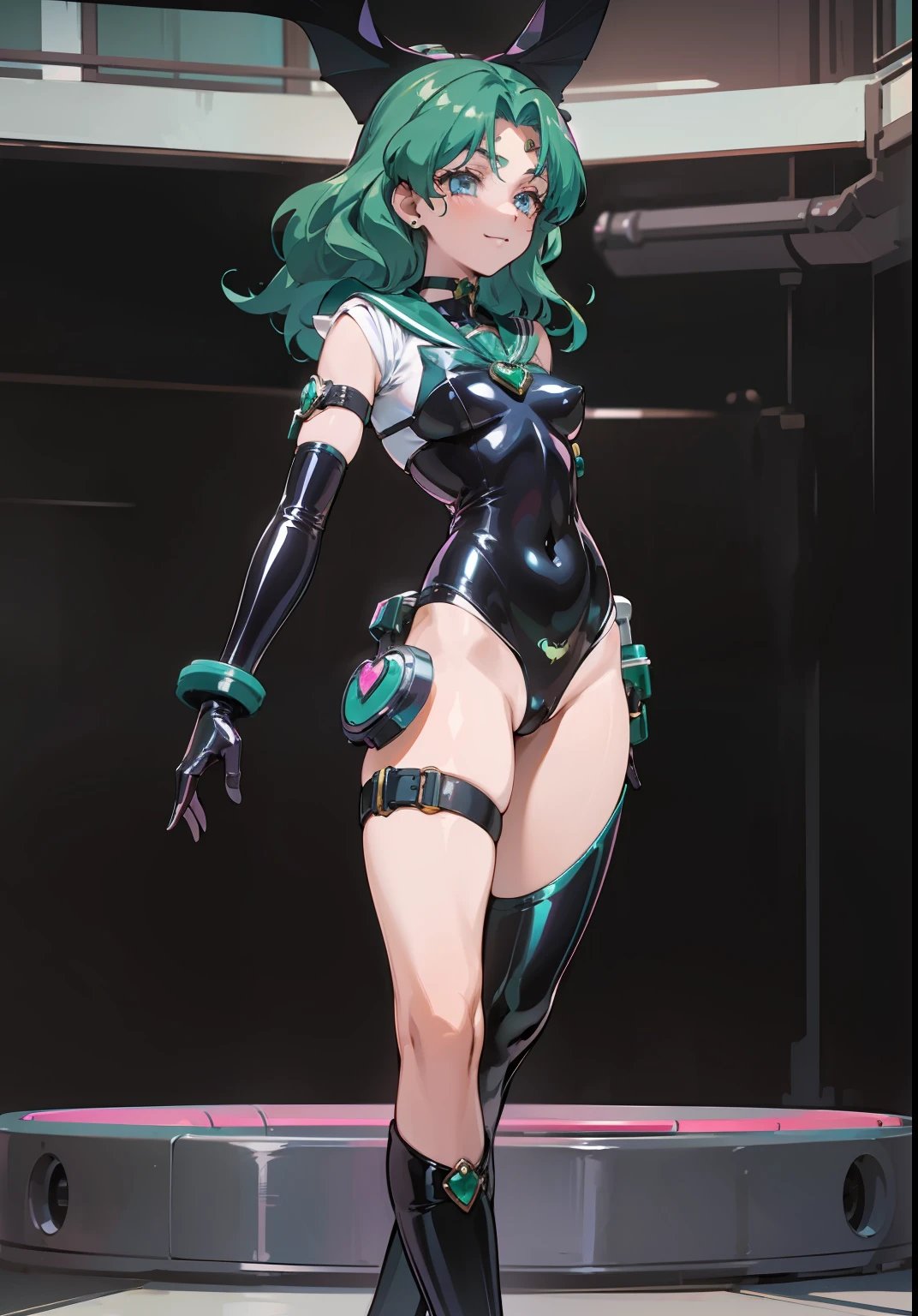 a closeup, 1girl in, Sailor Neptune, aqua eyes, Dark green hair, Medium Hair, (Body tights, Black latex long gloves and boots, Aqua-colored lines on the body, Heart Nipple Less, The navel is visible, Tattoo of the lower abdomen:1.1), Eyes without light, grin, Black ornament on forehead, Bat feather hair ornament, Spread your legs apart, Mechanical chair,Sit on a pipe that glows pink , top-quality, ​masterpiece, hight resolution, intricate detailes, ((realisitic)), black latex gloves, medium breasts⁩, chastity belt, natta