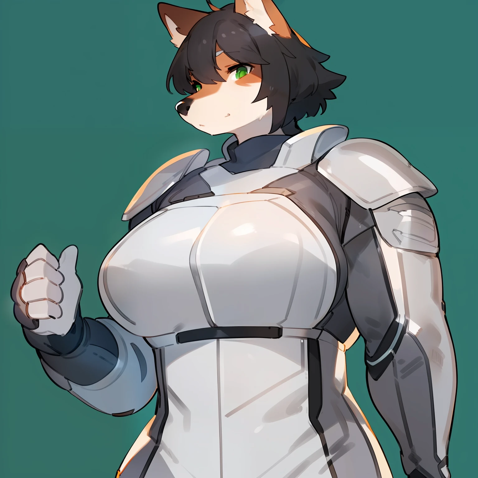 By bebebebebe, by spuydjeks, by buta99, by spikedmauler, solo, standing, female, ((hair, snout)), (((muscular))), steel chest piece, metal shoulder pads, ((silver spacesuit under armor)), (((silver))), big breasts, silver knight armor, canine, red fox, black hair, black nose, green eyes