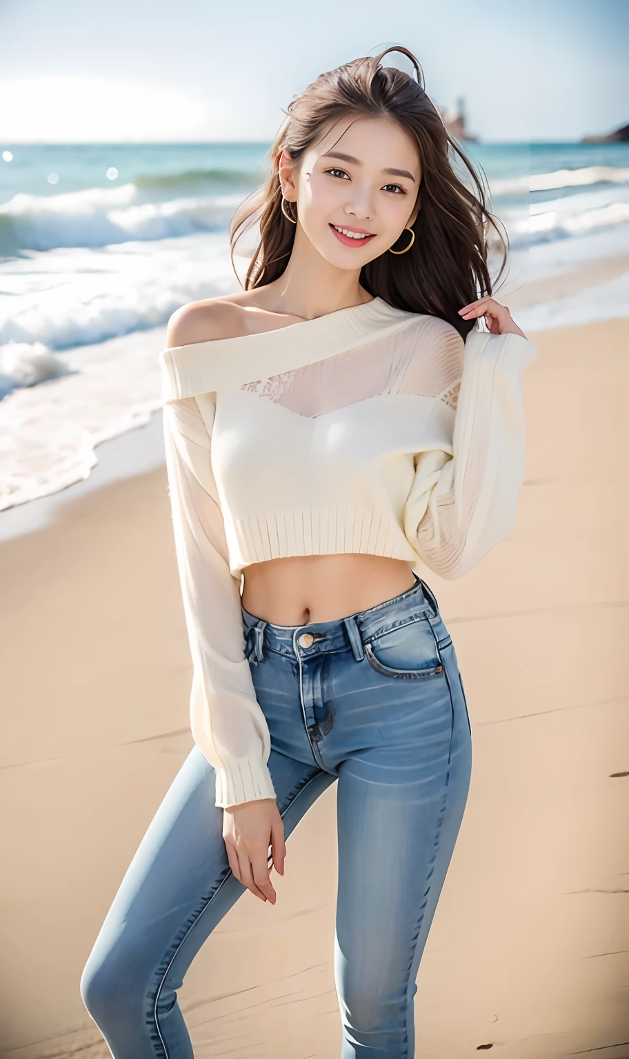 Woman in jeans on the beach,Dancing sexy,Full body shooting:1.8(RAW photogr,超高分辨率,tmasterpiece,best qualtiy:1.4),Complicated details, 20 year old Asian girl,Wear a skinny knit sweater(Cultivation,Fit snugly to the body)and trendy crop top jeans,detailed outfits,Detailed beach,A sweet smile appeared on the little face,The face is white and tender,skin lightening,Ultra-realistic facial details,Beautiful accessories,Playful and coquettish pose,The calves are straight and slender:1.5,Wear high-end branded travel shoes:1.5,eventide,warm color,Broad lighting,naturalshadow,taking a full body photo:1.8
