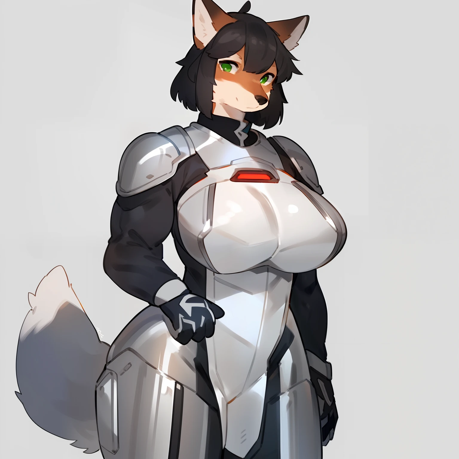By bebebebebe, by spuydjeks, by buta99, by spikedmauler, solo, standing, female, ((hair, snout)), (((muscular))), steel chest piece, metal shoulder pads, ((silver spacesuit under armor)), (((silver))), big breasts, silver knight armor, canine, red fox, black hair, black nose, green eyes