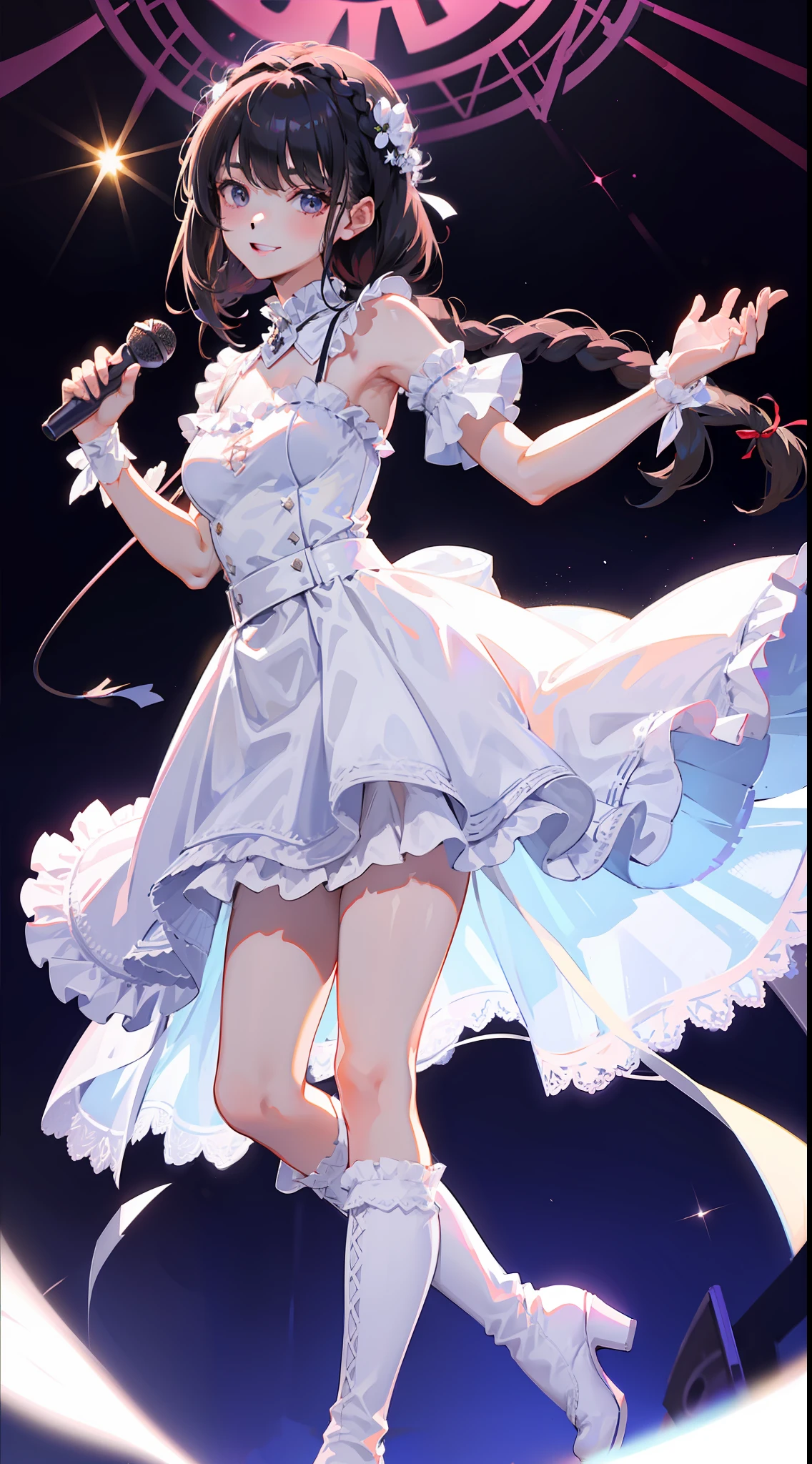 Smiling face,Dazzling stage lights,Fringes and lace,Braided hairstyle,Lace socks,Ruffled skirts,Pretty face,Long straight hair,Slender figure,Hold the microphone,White boots