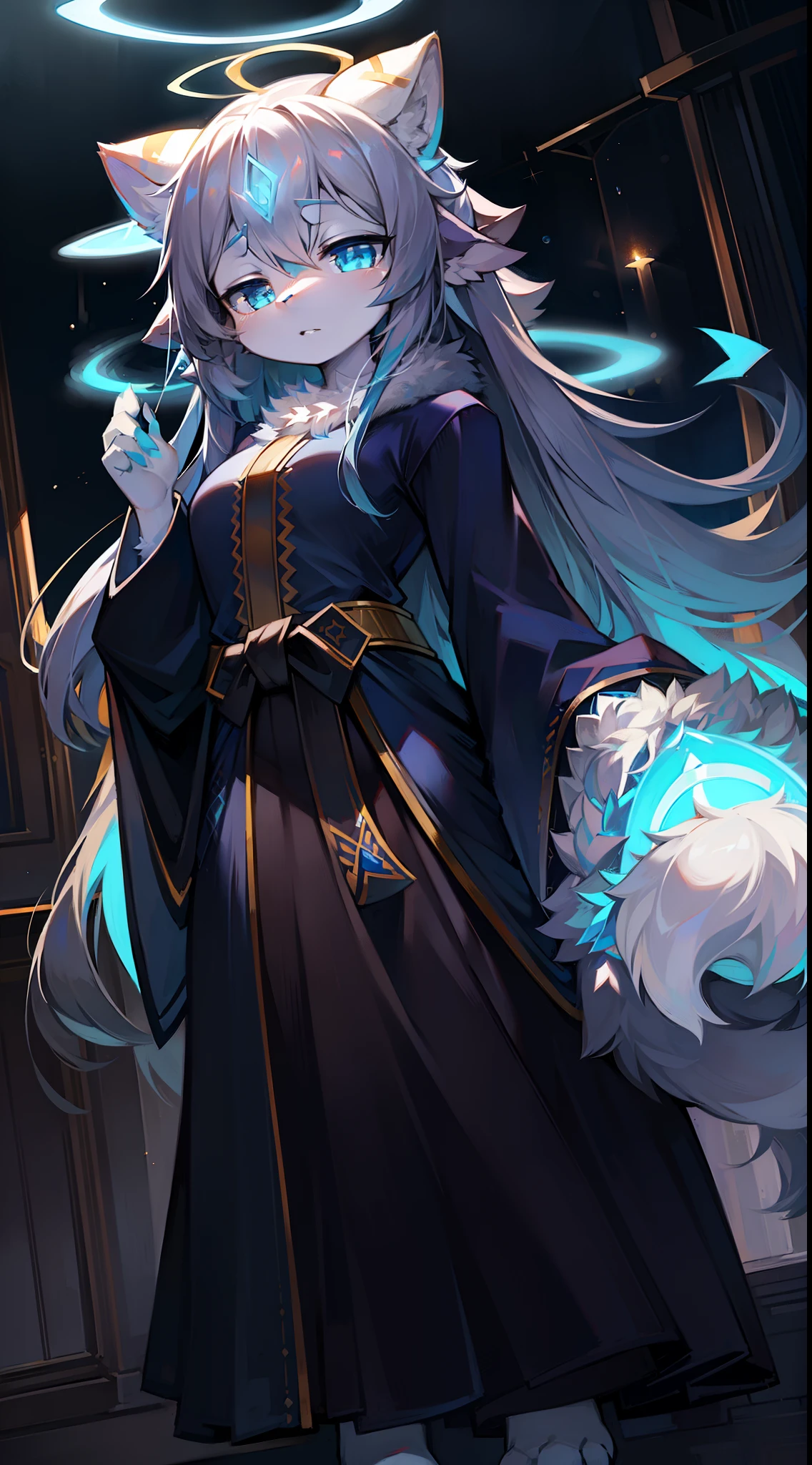 chies,Robe,Big-tailed wolf,blue color eyes,grey long hair,Halo light wings